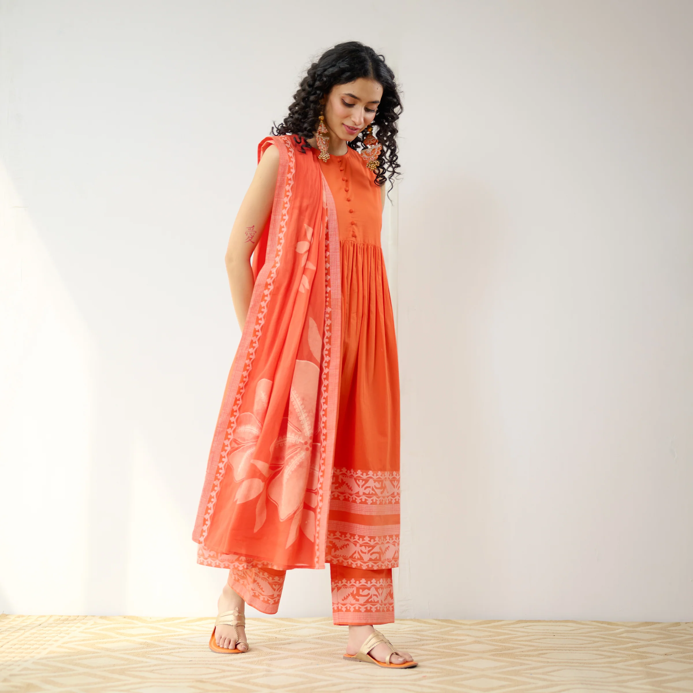 Daisy Cotton Kurta Set with Dupatta - Orange - Image 6