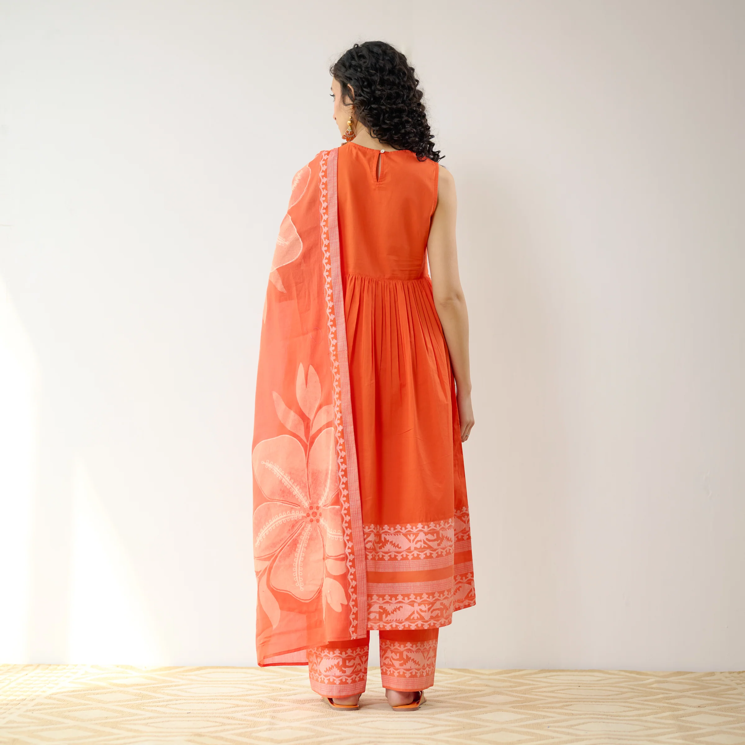 Daisy Cotton Kurta Set with Dupatta - Orange - Image 7