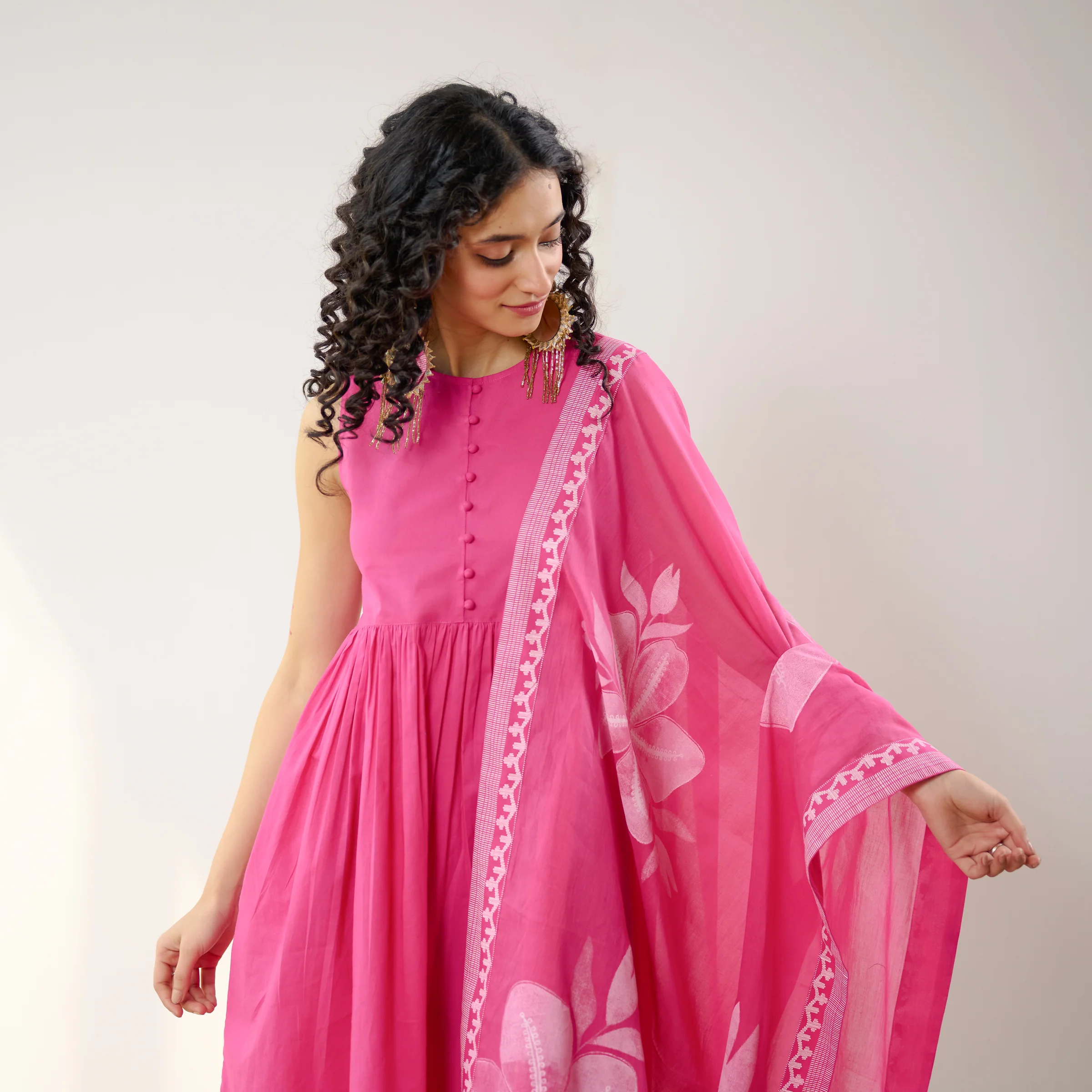 Daisy Cotton Kurta Set with Dupatta - Pink - Image 2