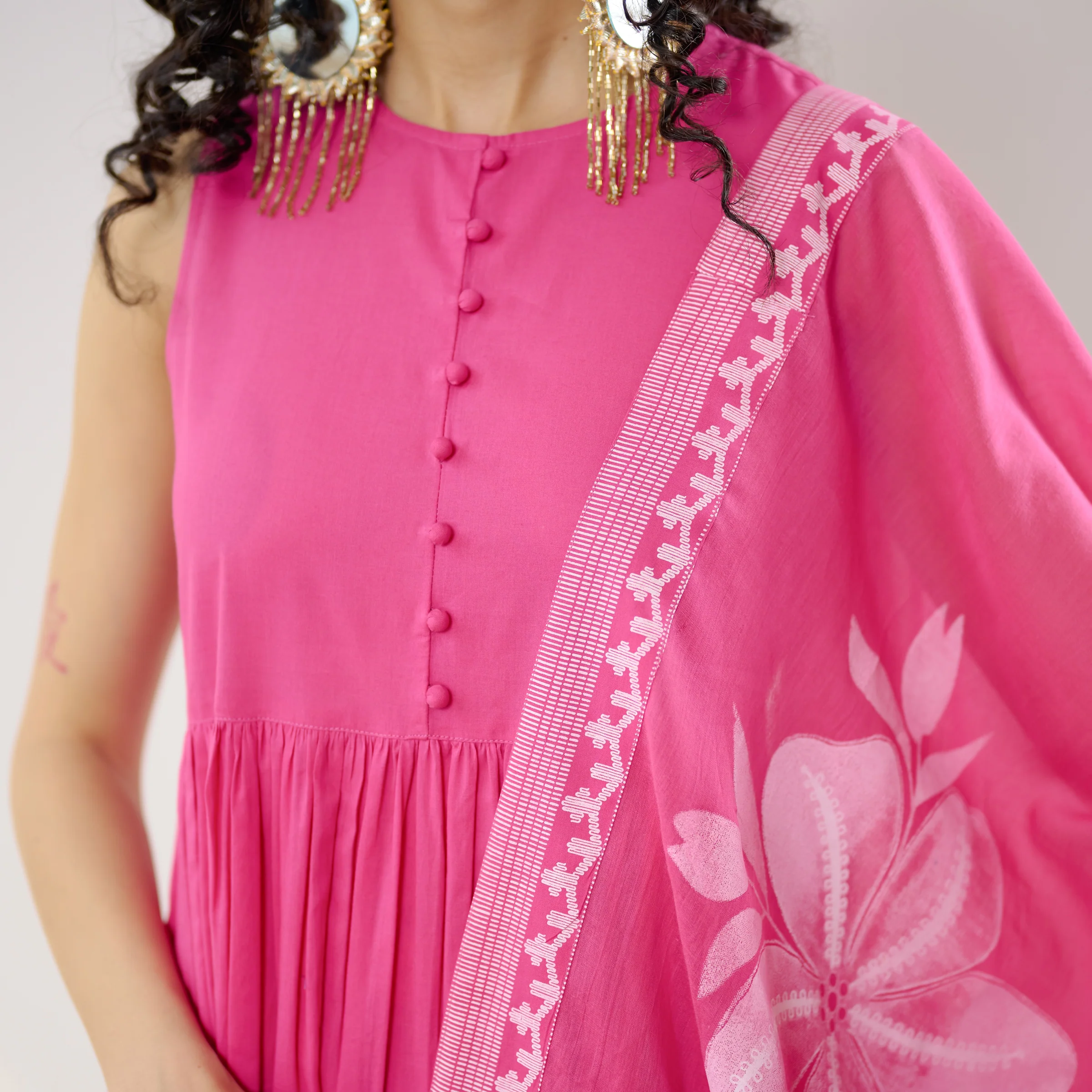 Daisy Cotton Kurta Set with Dupatta - Pink - Image 3