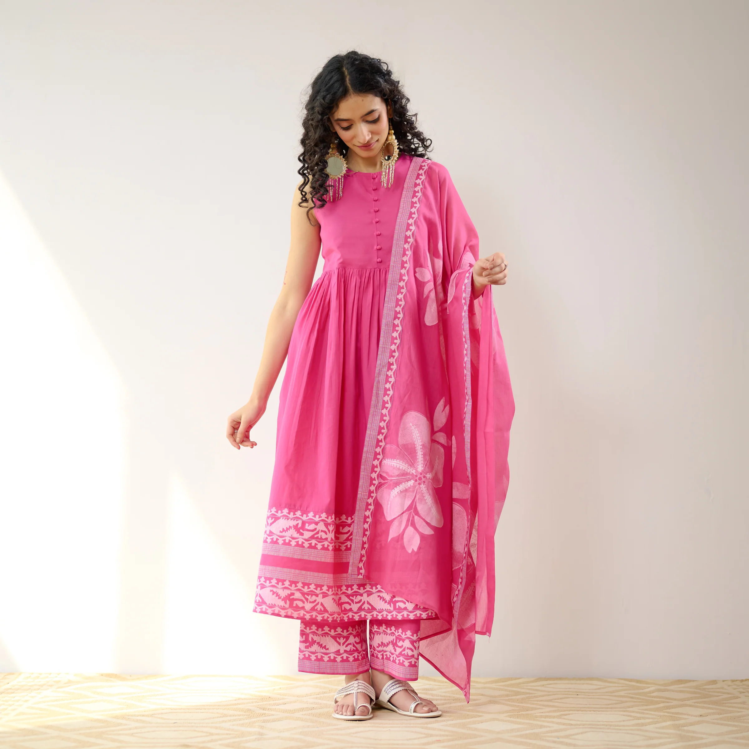 Daisy Cotton Kurta Set with Dupatta - Pink - Image 5