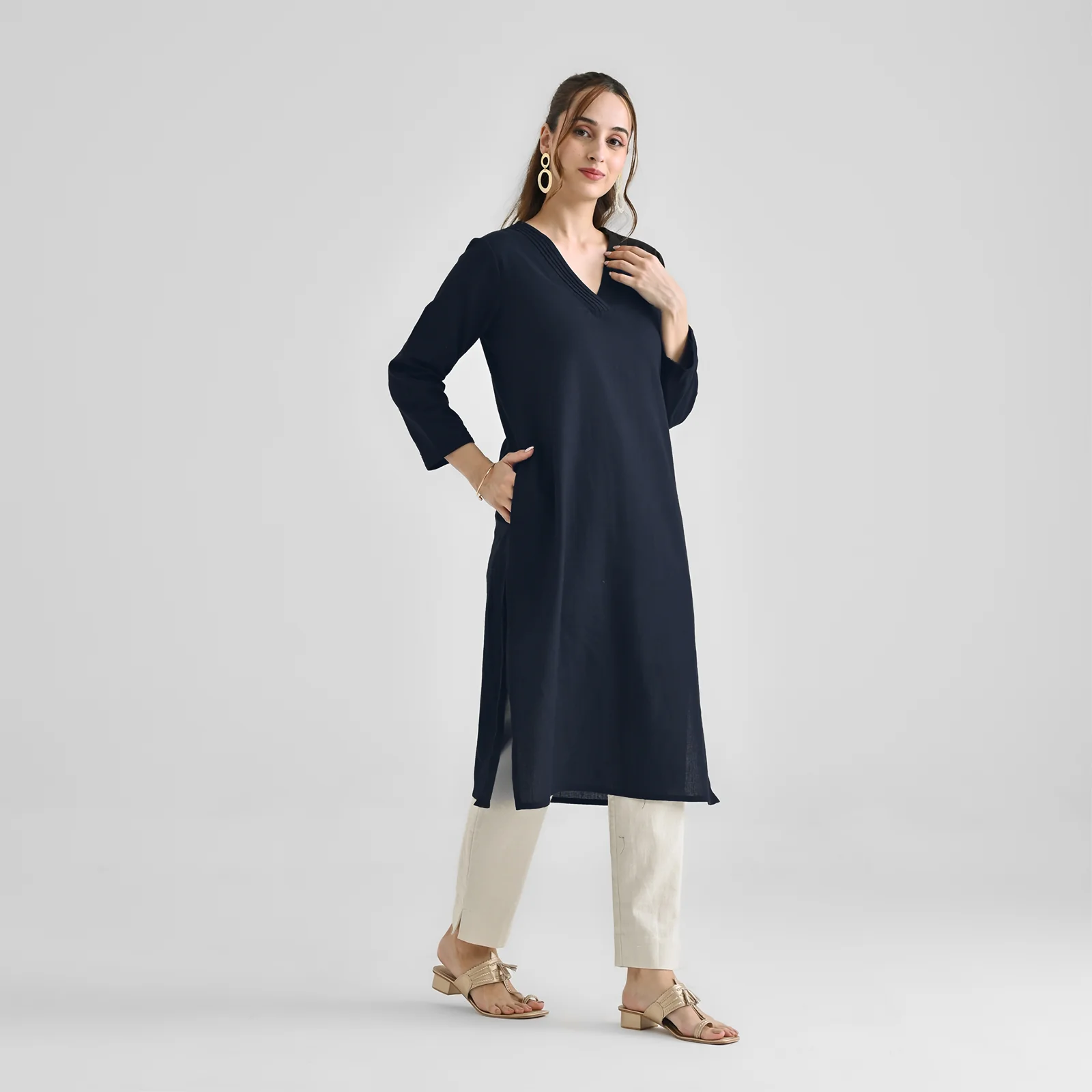 Dark Navy V Neck Linen Cotton Kurta - Image 3