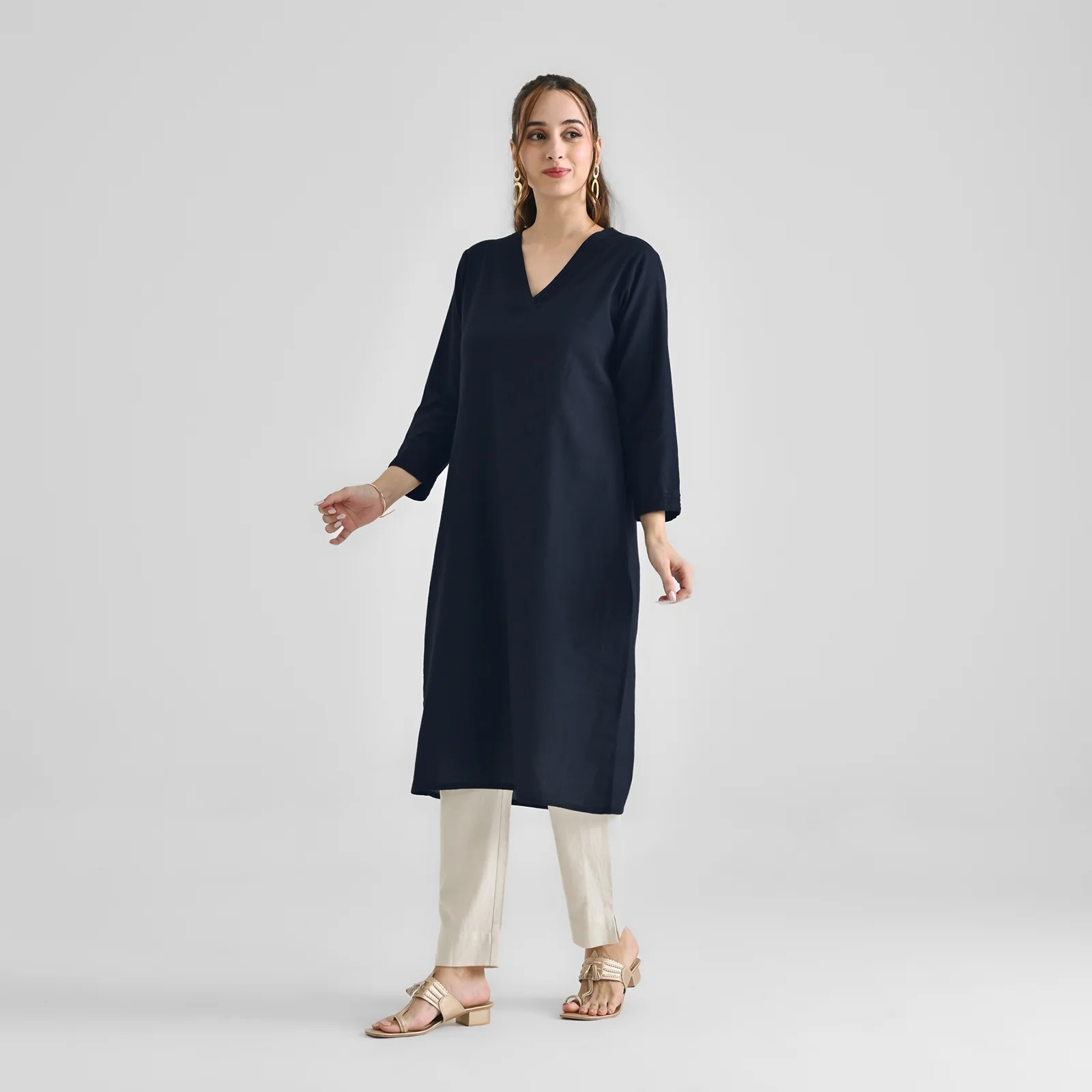 Dark Navy V Neck Linen Cotton Kurta - Image 4