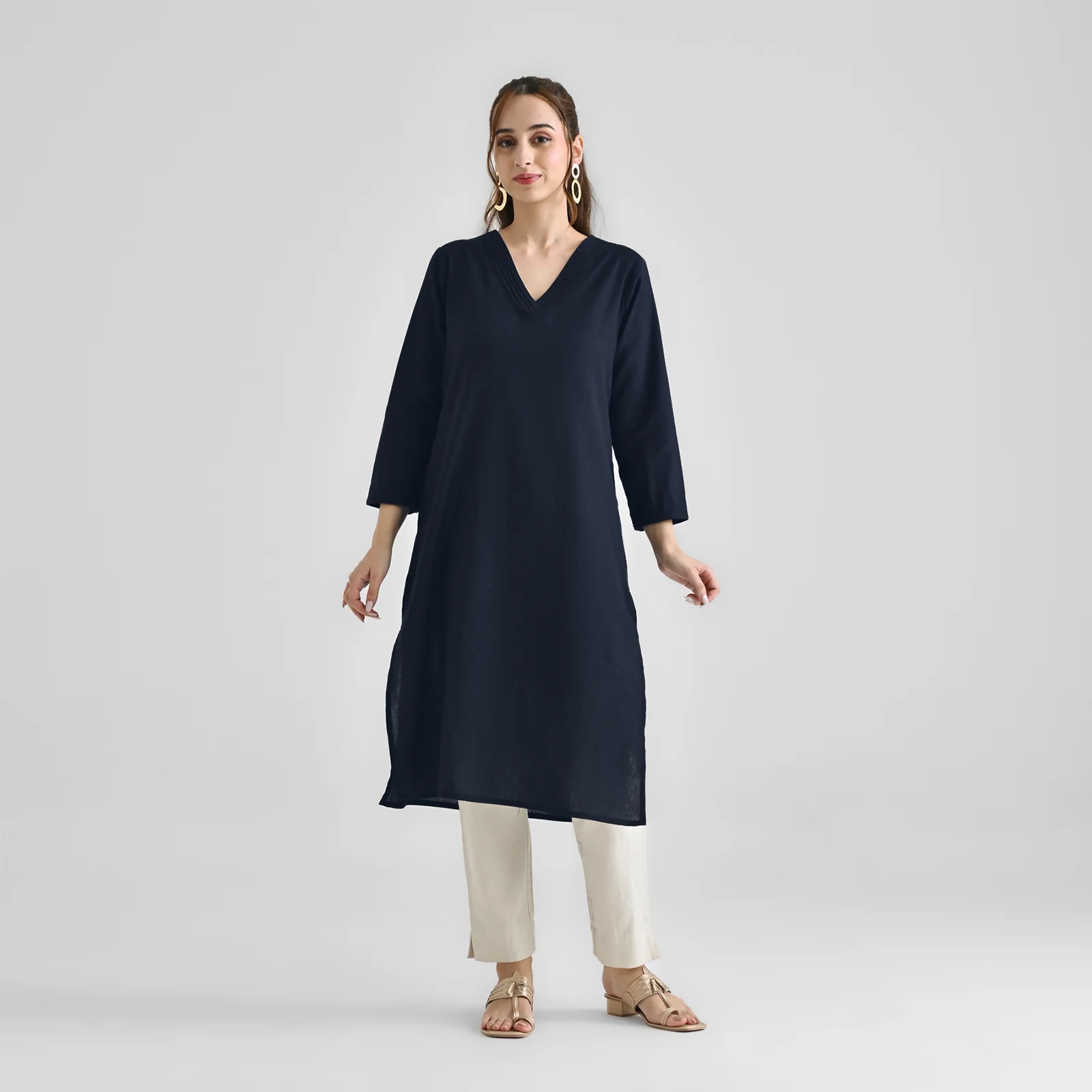 Dark Navy V Neck Linen Cotton Kurta - Image 5