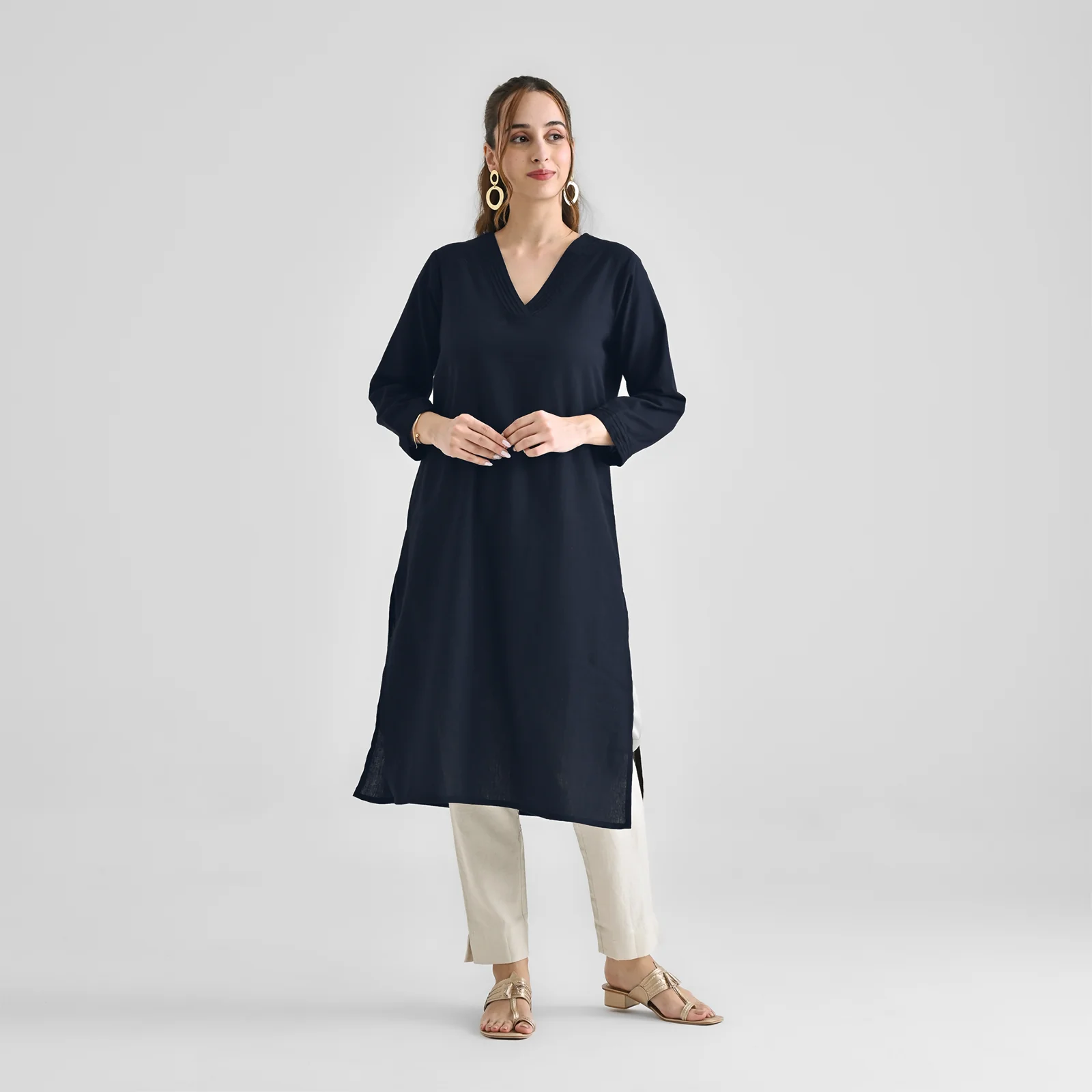 Dark Navy V Neck Linen Cotton Kurta - Image 6