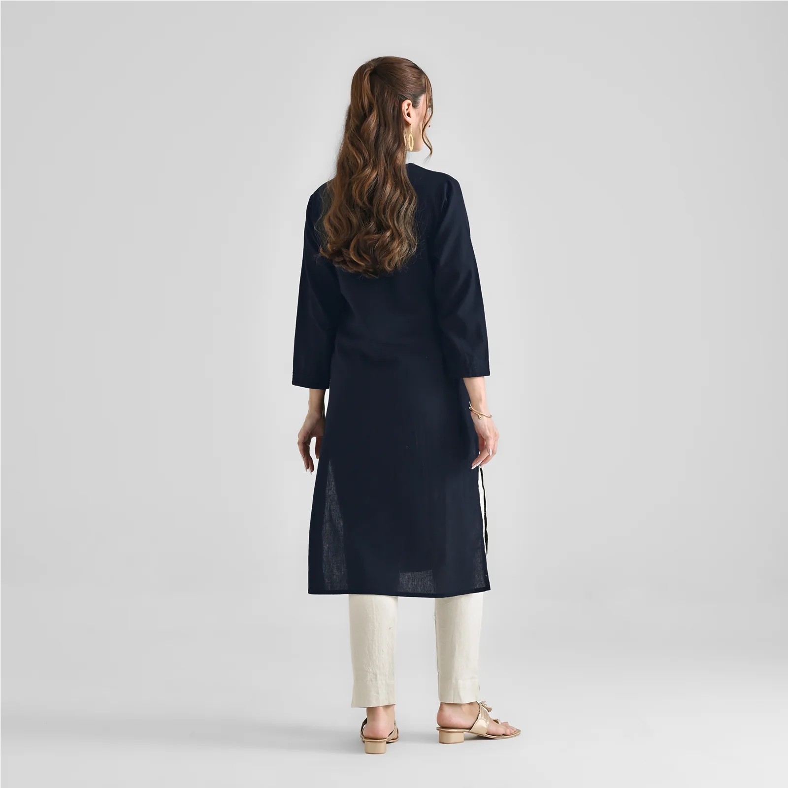 Dark Navy V Neck Linen Cotton Kurta - Image 7