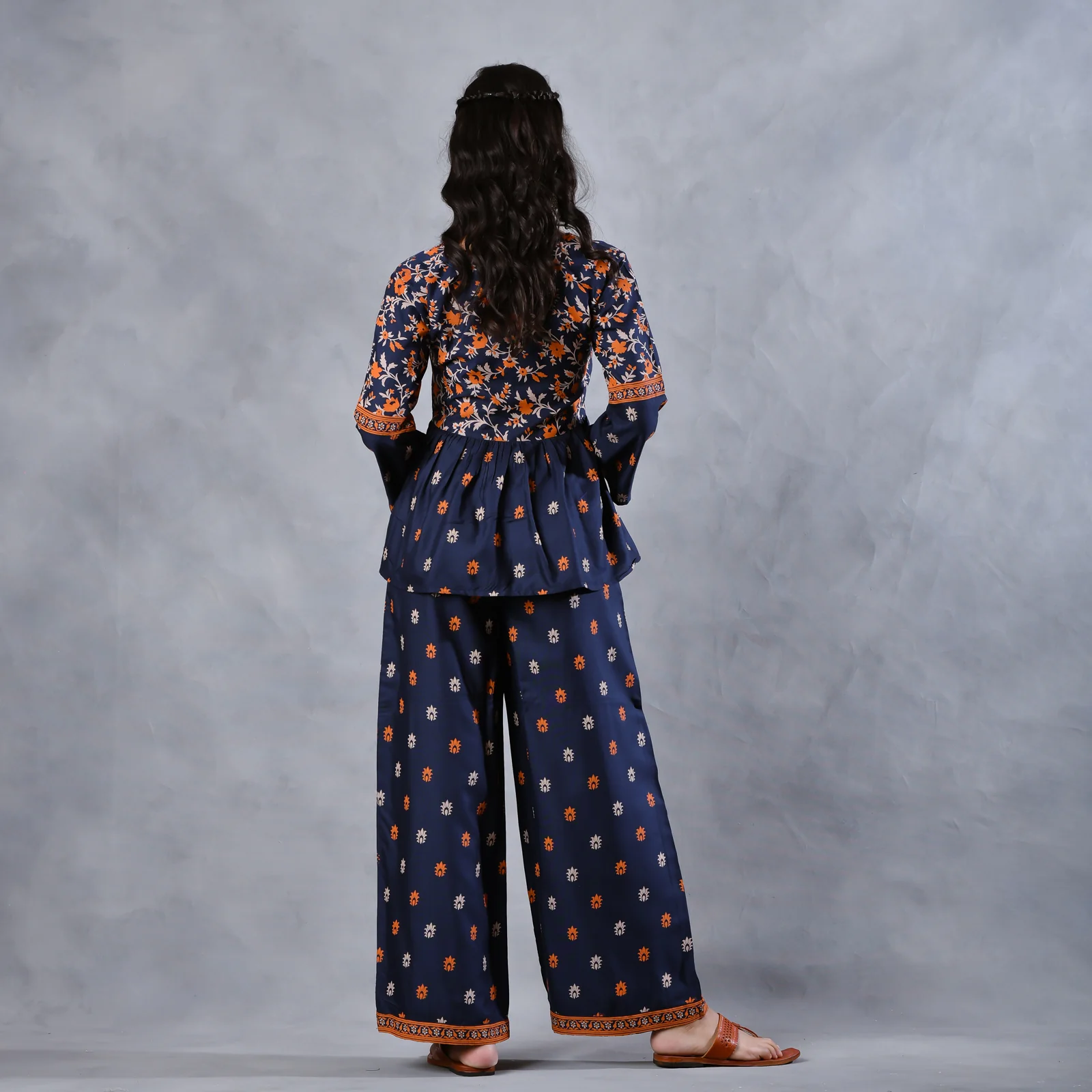 Deep Blue Floral Gathered Top Pant Co-ord Set with Tassels & Bell Sleeves - Image 10