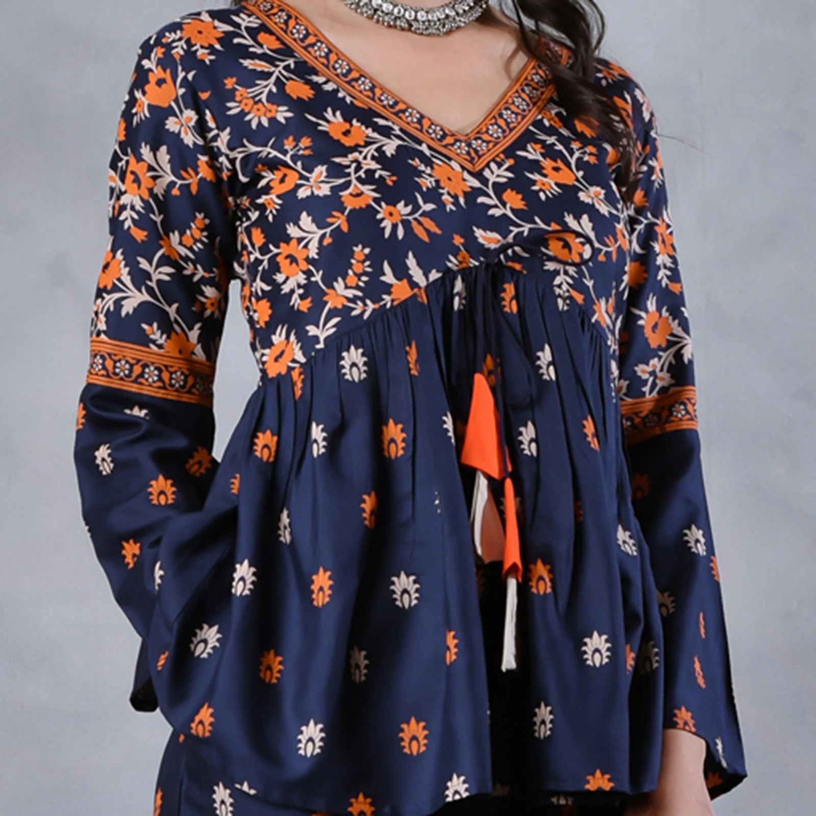 Deep Blue Floral Gathered Top Pant Co-ord Set with Tassels & Bell Sleeves - Image 11