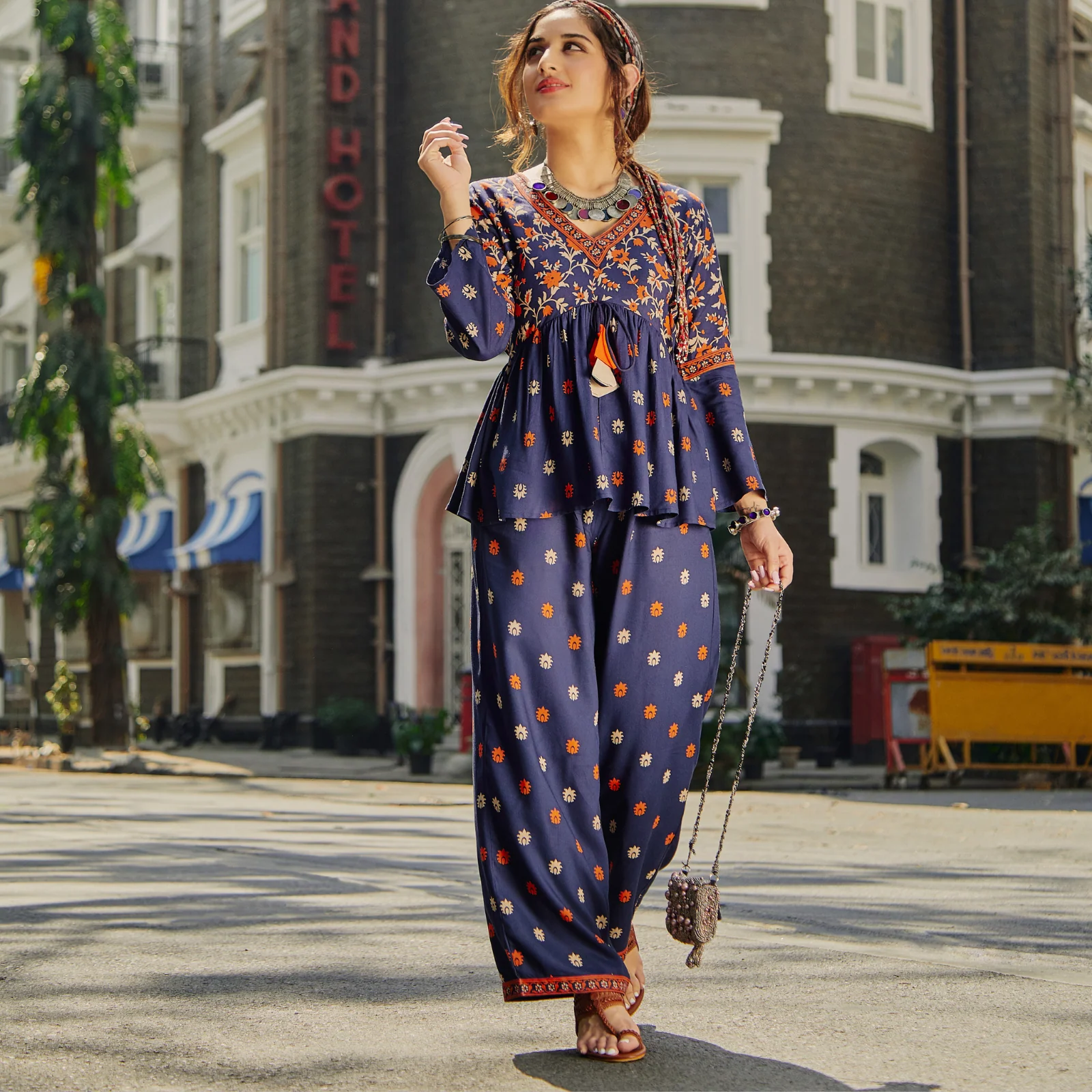 Deep Blue Floral Gathered Top Pant Co-ord Set with Tassels & Bell Sleeves - Image 4