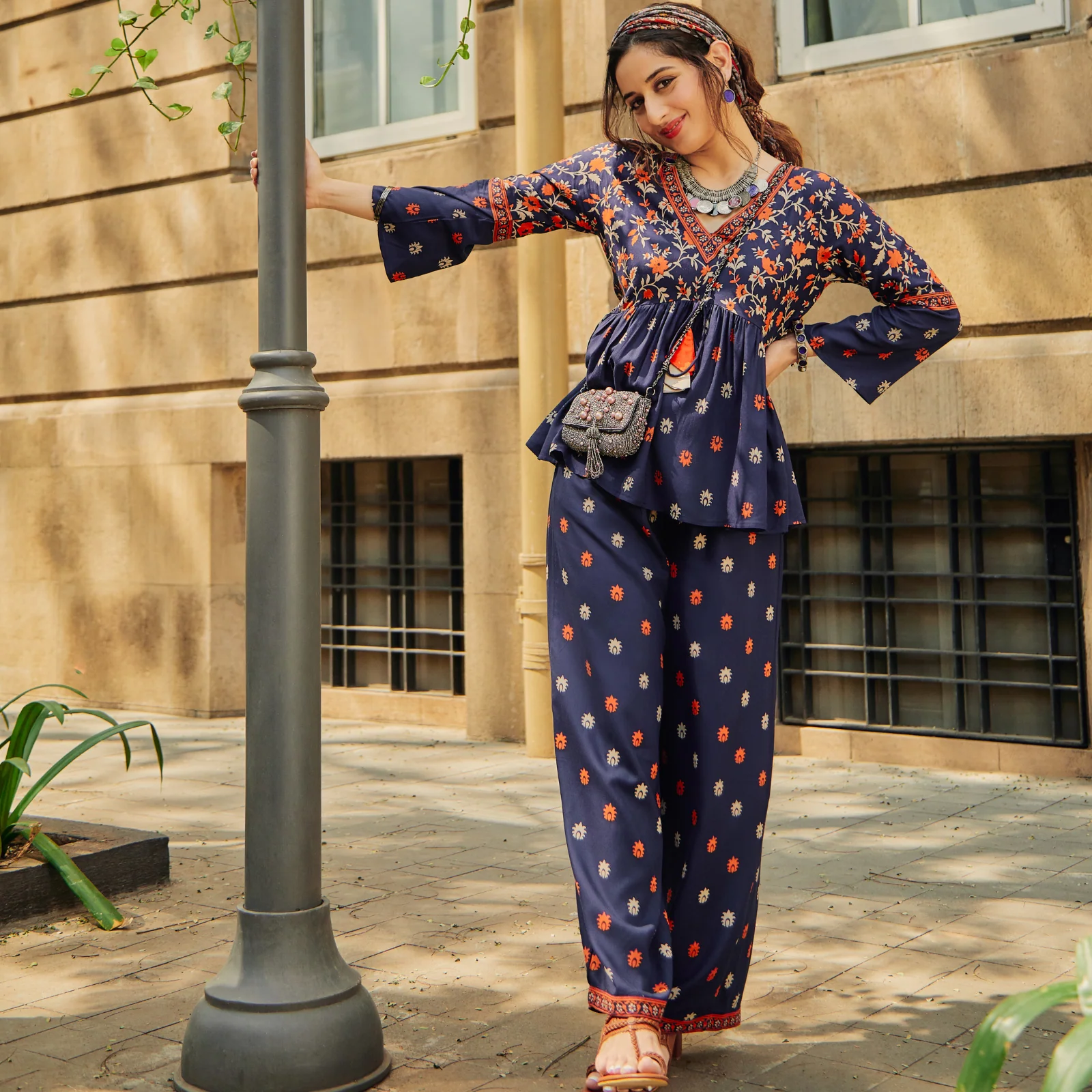 Deep Blue Floral Gathered Top Pant Co-ord Set with Tassels & Bell Sleeves - Image 5