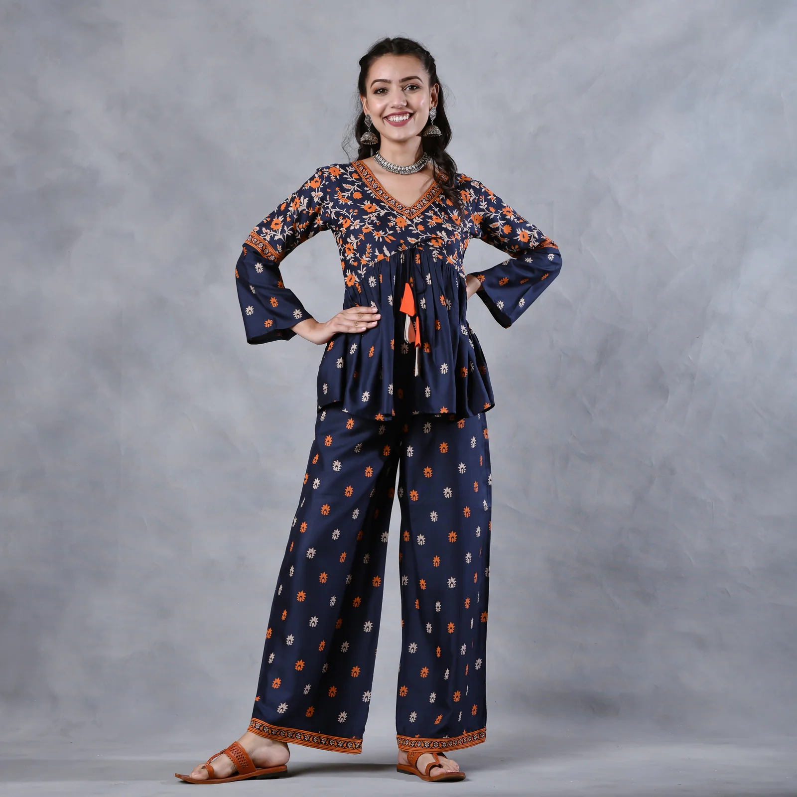 Deep Blue Floral Gathered Top Pant Co-ord Set with Tassels & Bell Sleeves - Image 6