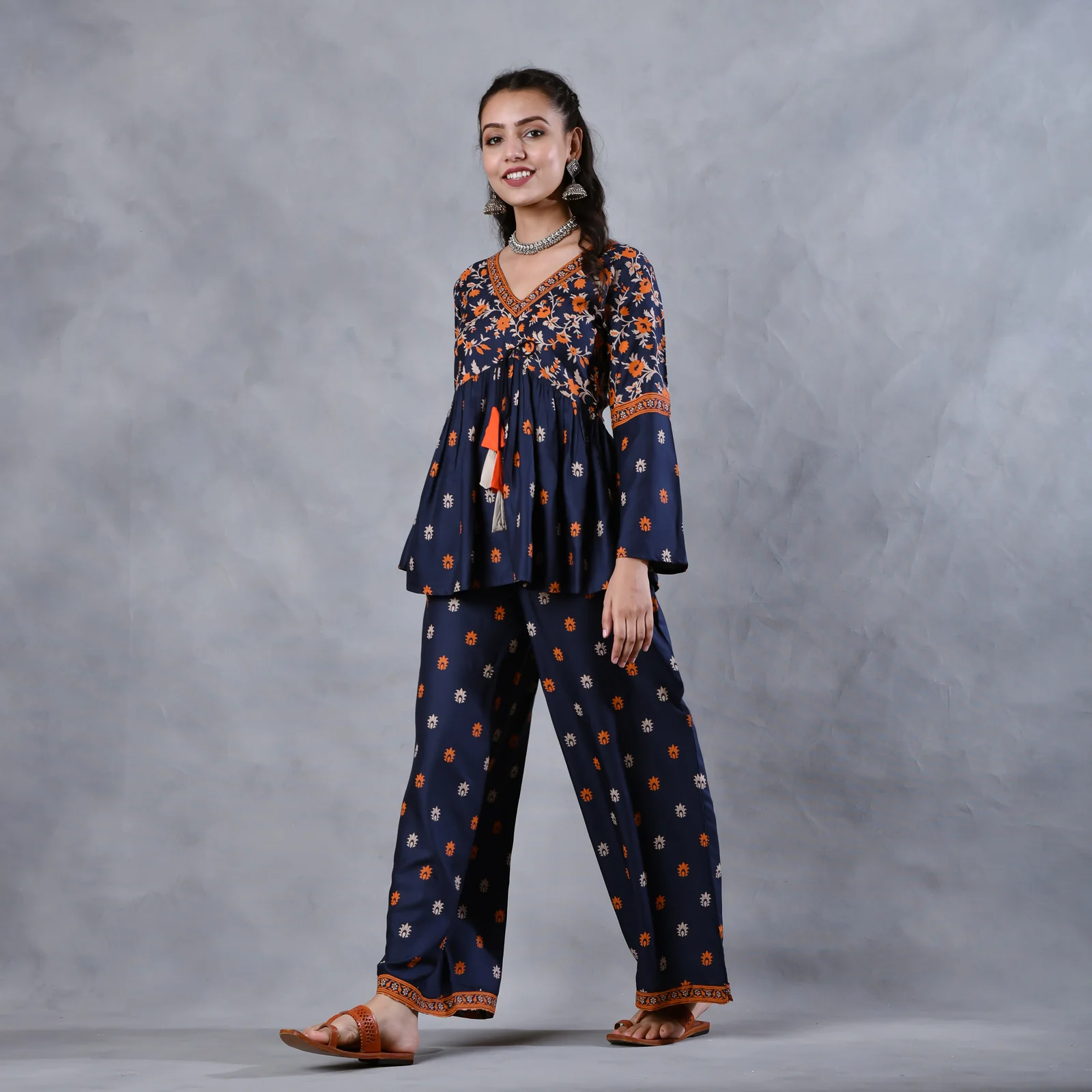 Deep Blue Floral Gathered Top Pant Co-ord Set with Tassels & Bell Sleeves - Image 7