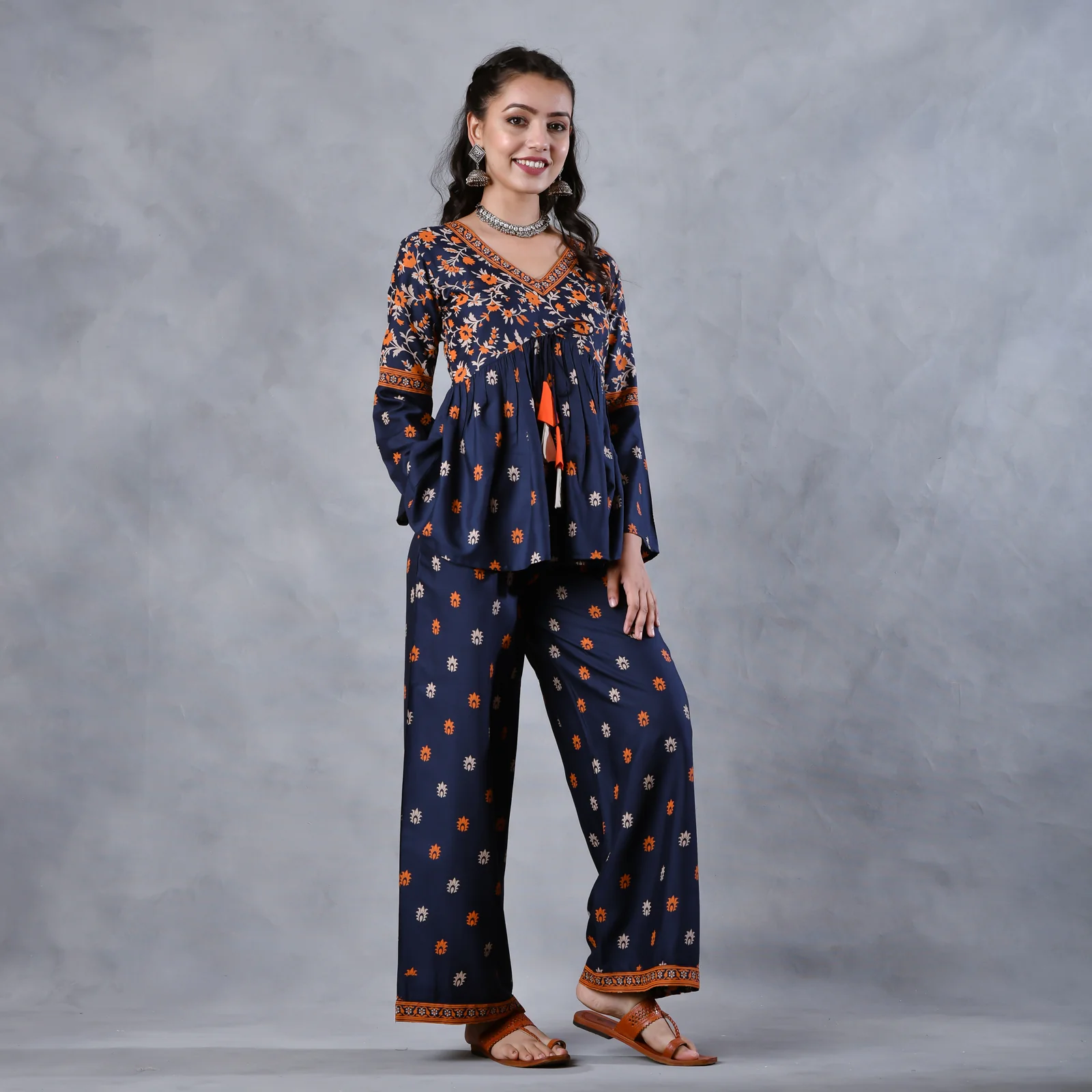 Deep Blue Floral Gathered Top Pant Co-ord Set with Tassels & Bell Sleeves - Image 8