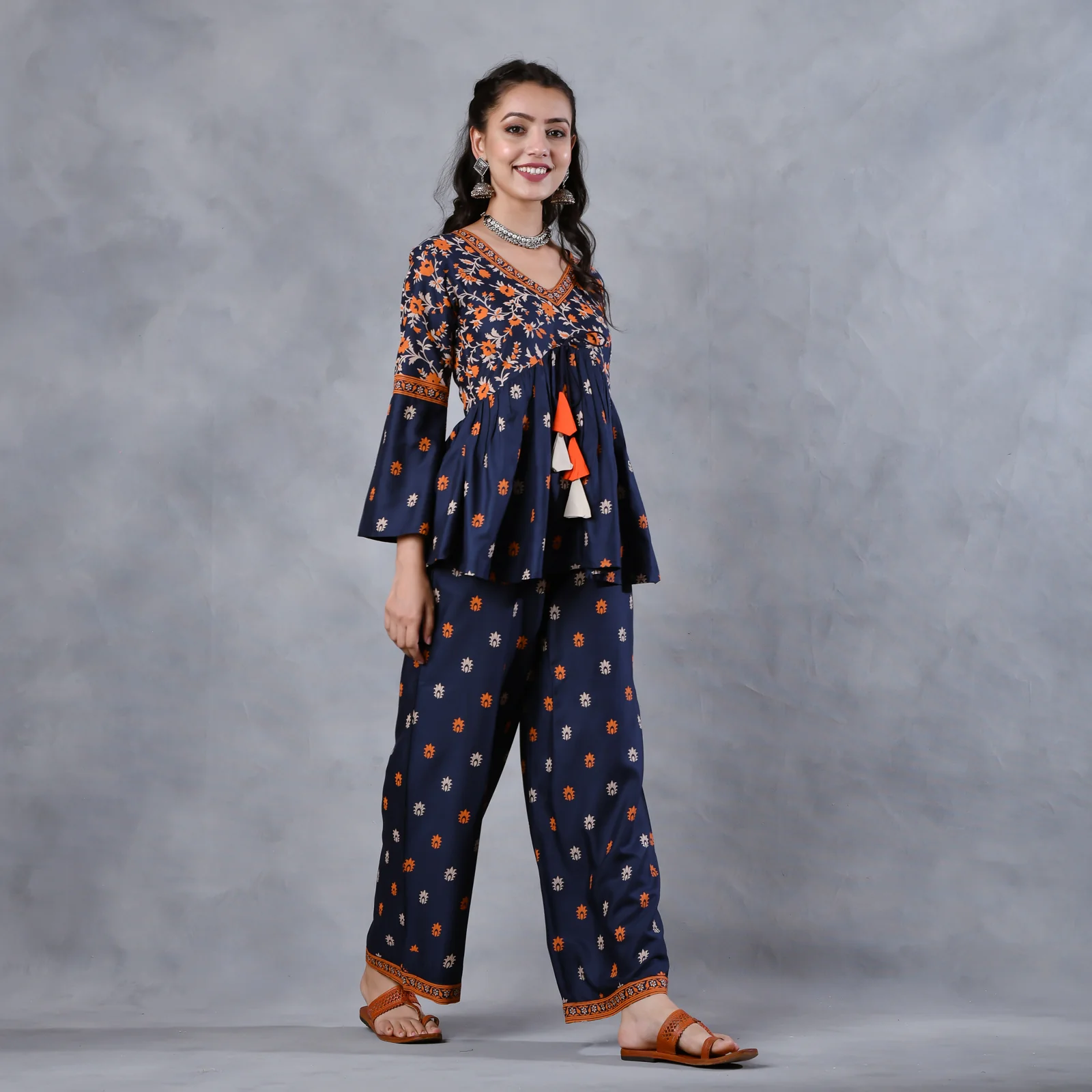 Deep Blue Floral Gathered Top Pant Co-ord Set with Tassels & Bell Sleeves - Image 9