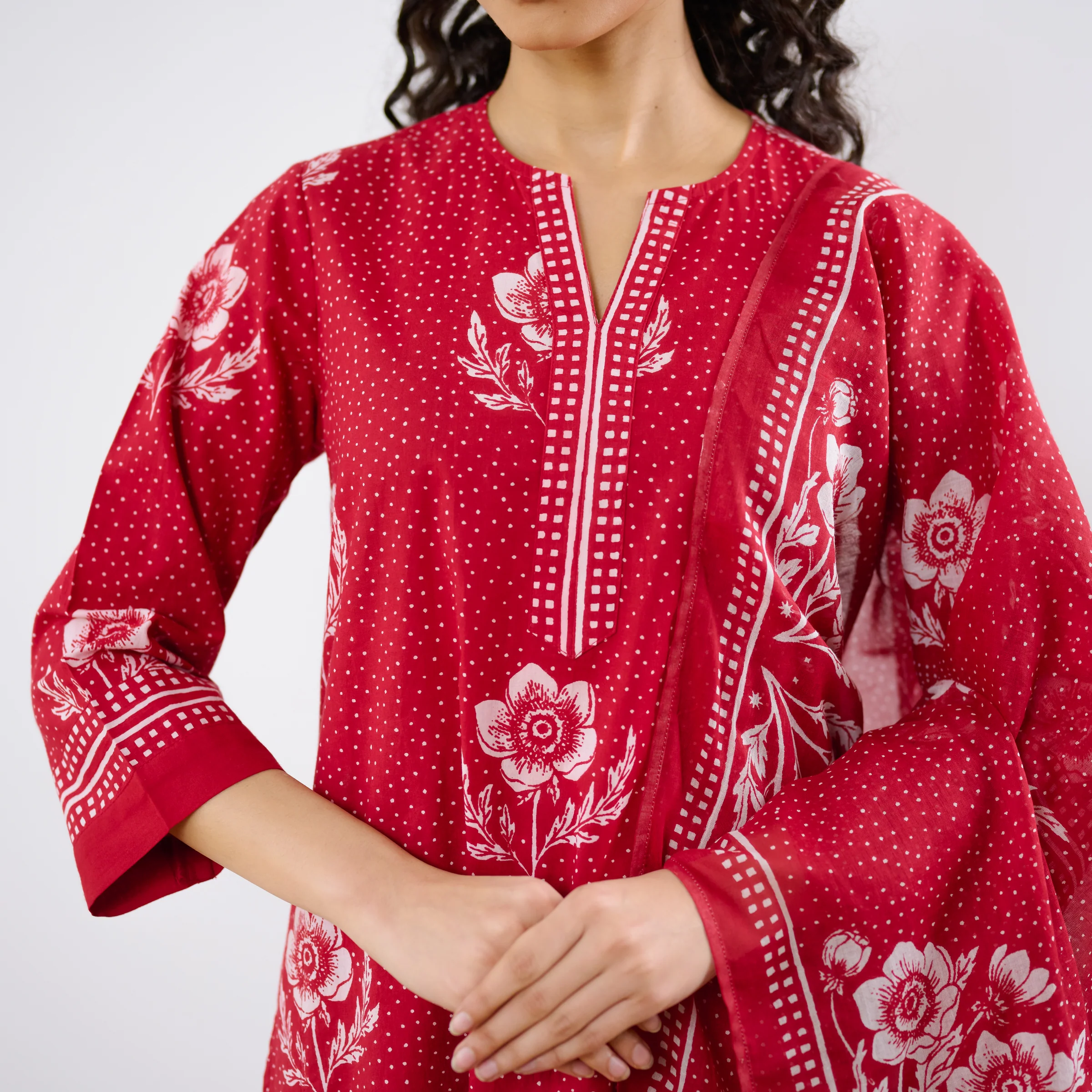 Dewdrop A-Line Cotton Kurta Trouser Set With Mulmul Dupatta - Blood Red - Image 2