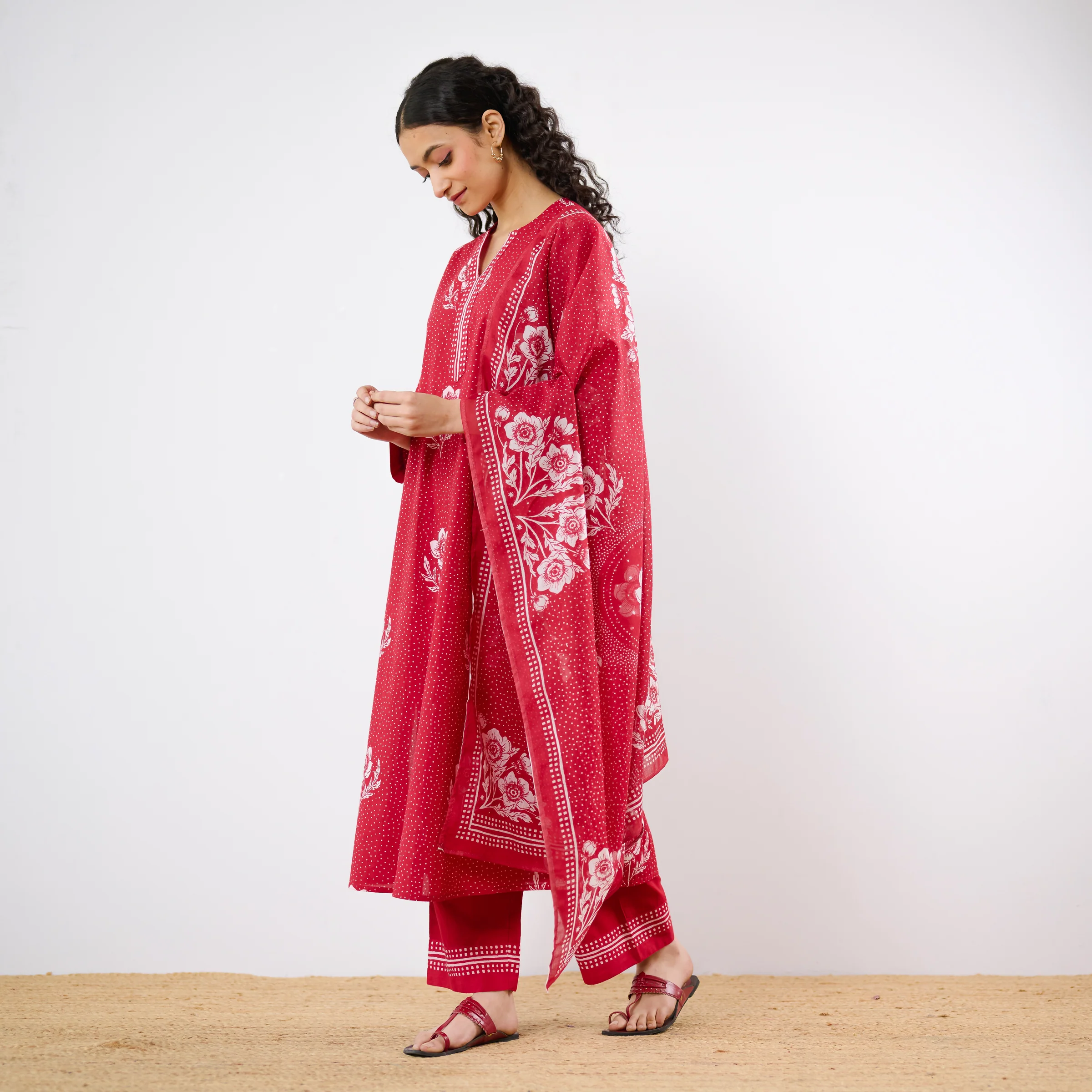 Dewdrop A-Line Cotton Kurta Trouser Set With Mulmul Dupatta - Blood Red - Image 5