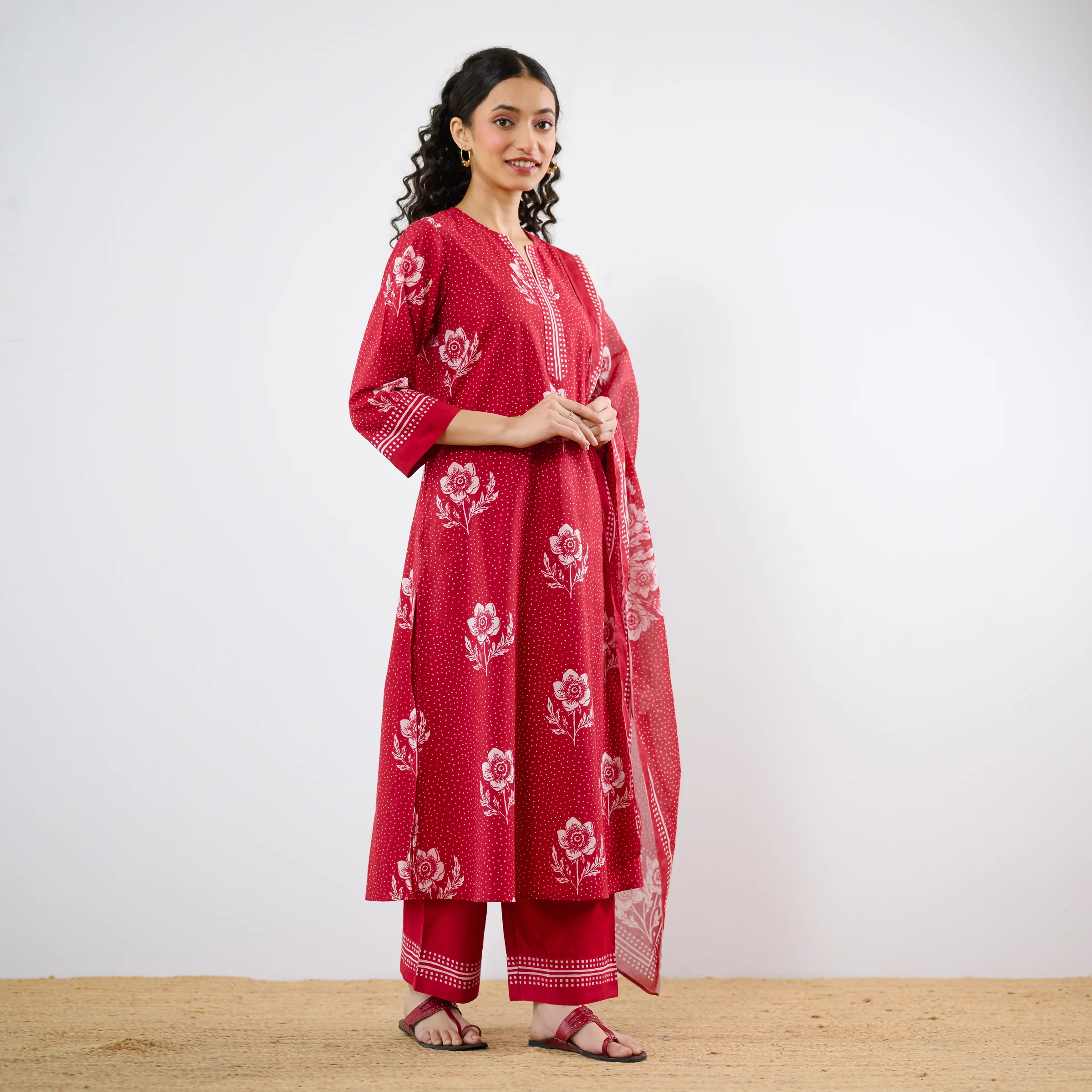 Dewdrop A-Line Cotton Kurta Trouser Set With Mulmul Dupatta - Blood Red - Image 6