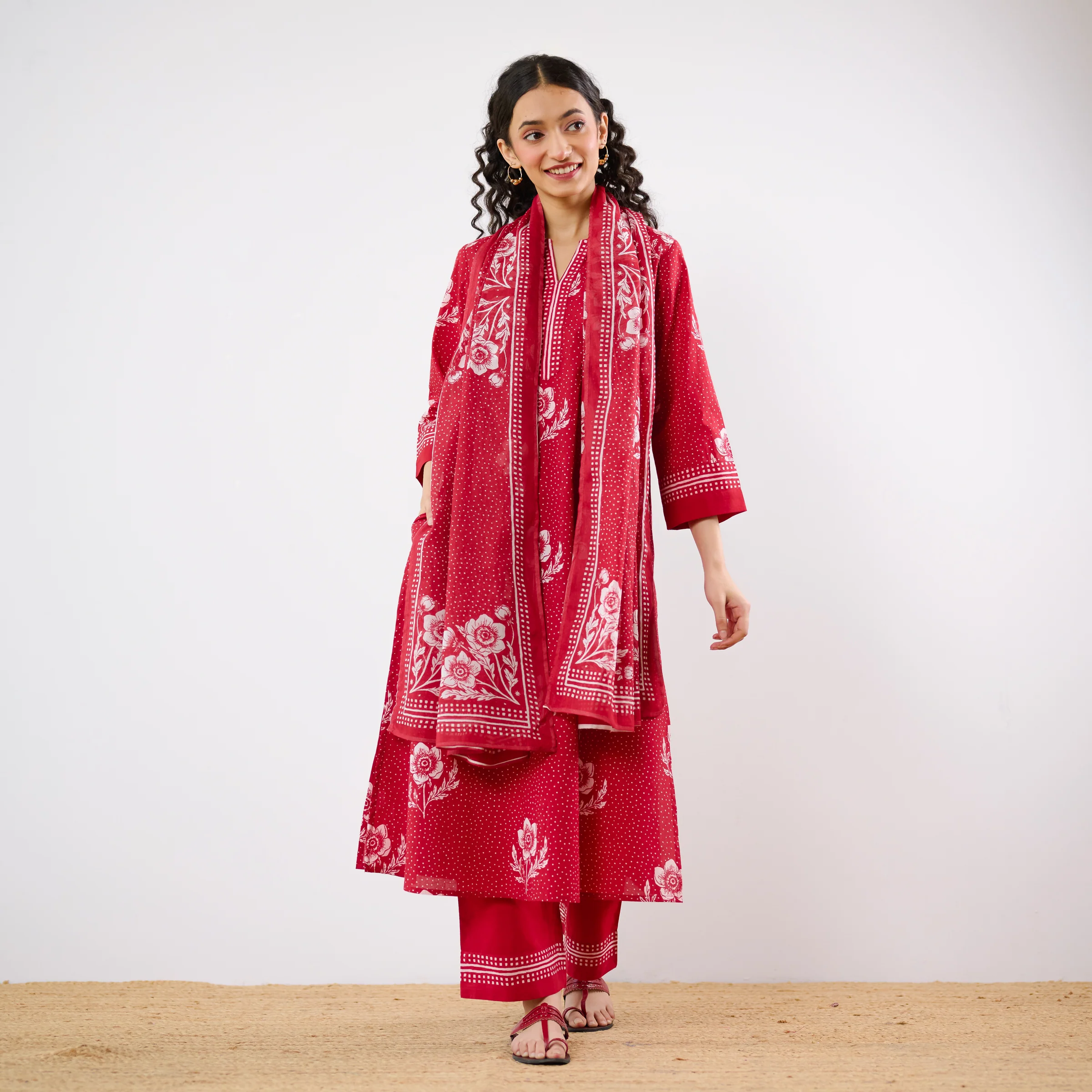 Dewdrop A-Line Cotton Kurta Trouser Set With Mulmul Dupatta - Blood Red - Image 7