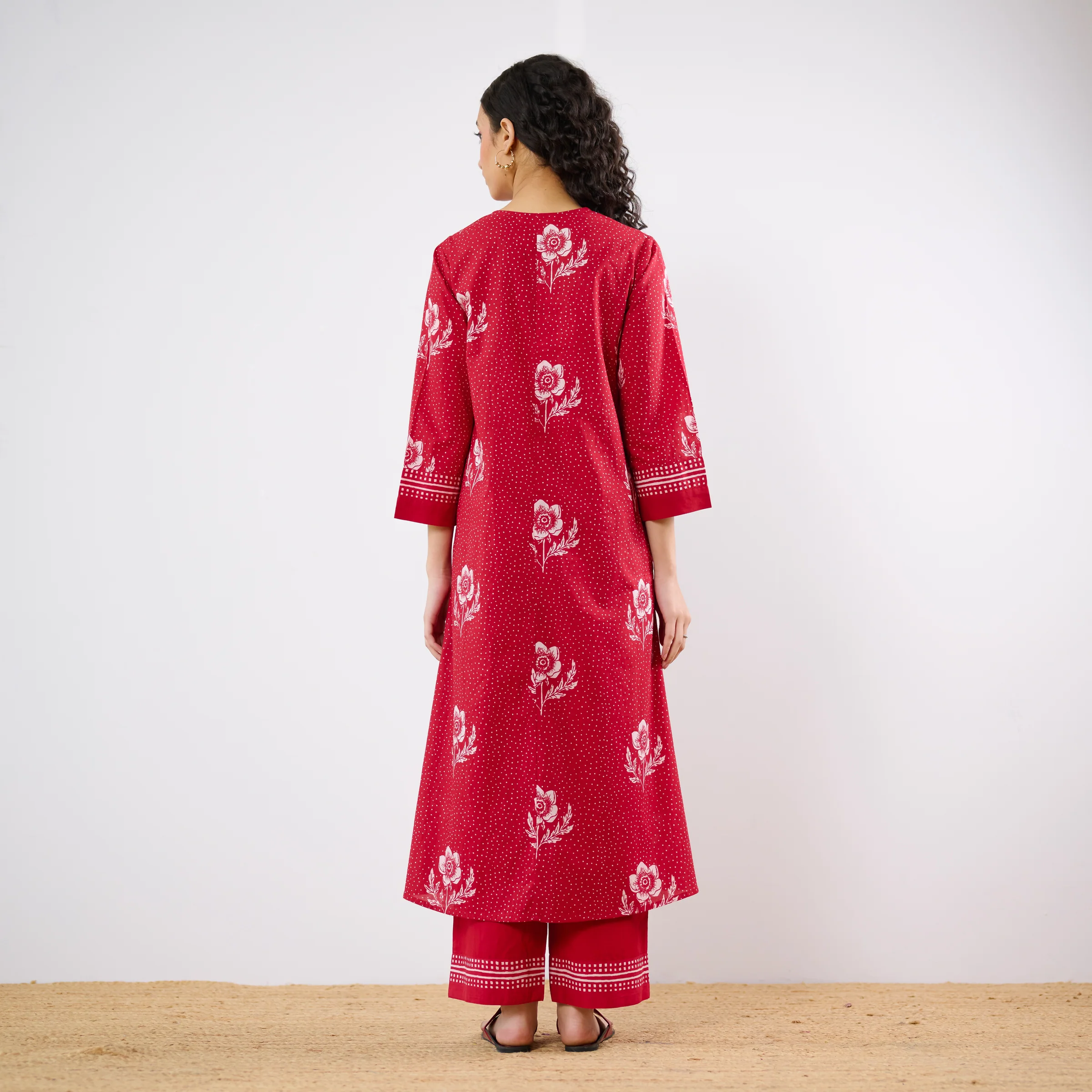 Dewdrop A-Line Cotton Kurta Trouser Set With Mulmul Dupatta - Blood Red - Image 8