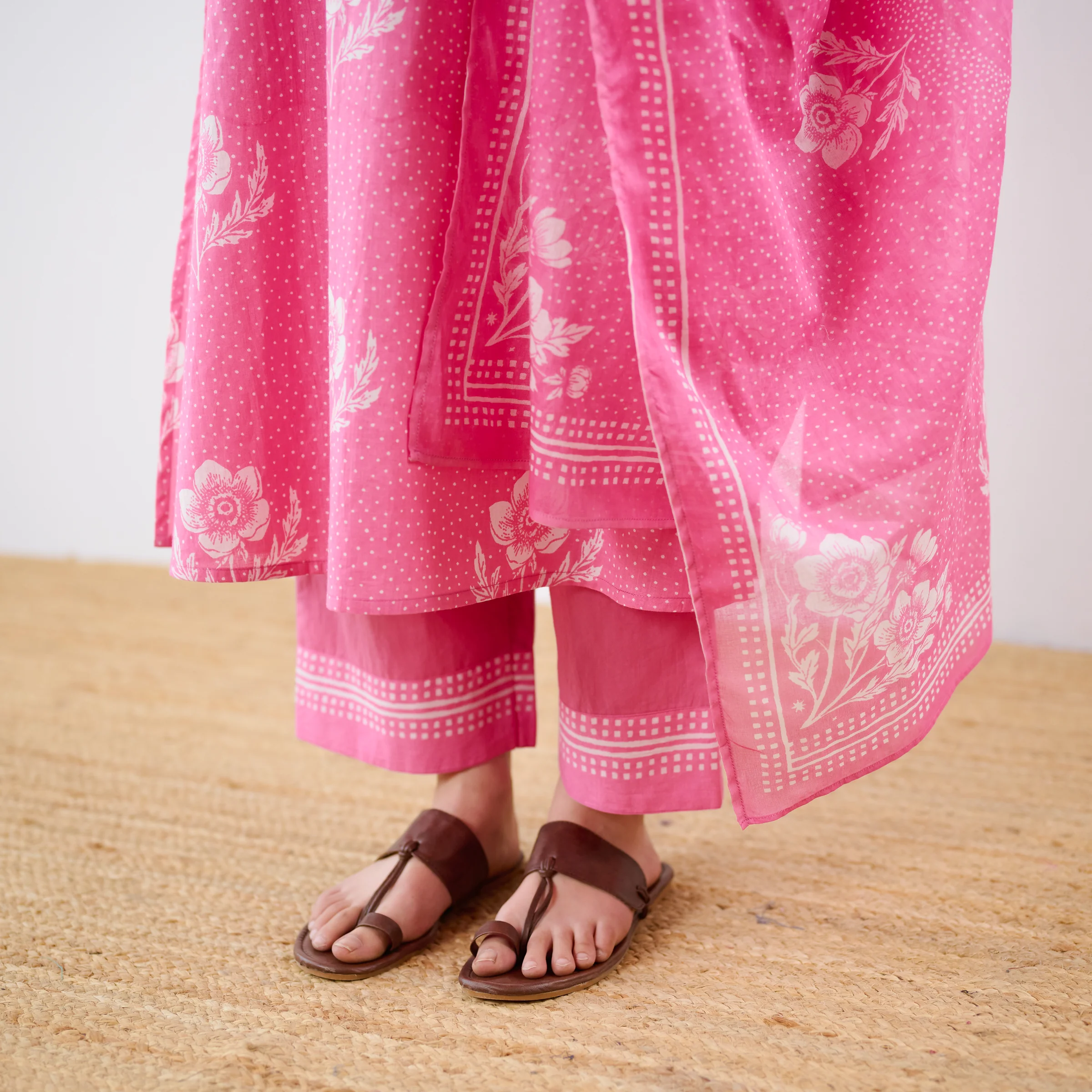 Dewdrop A-Line Cotton Kurta Trouser Set With Mulmul Dupatta - Candy Pink - Image 3