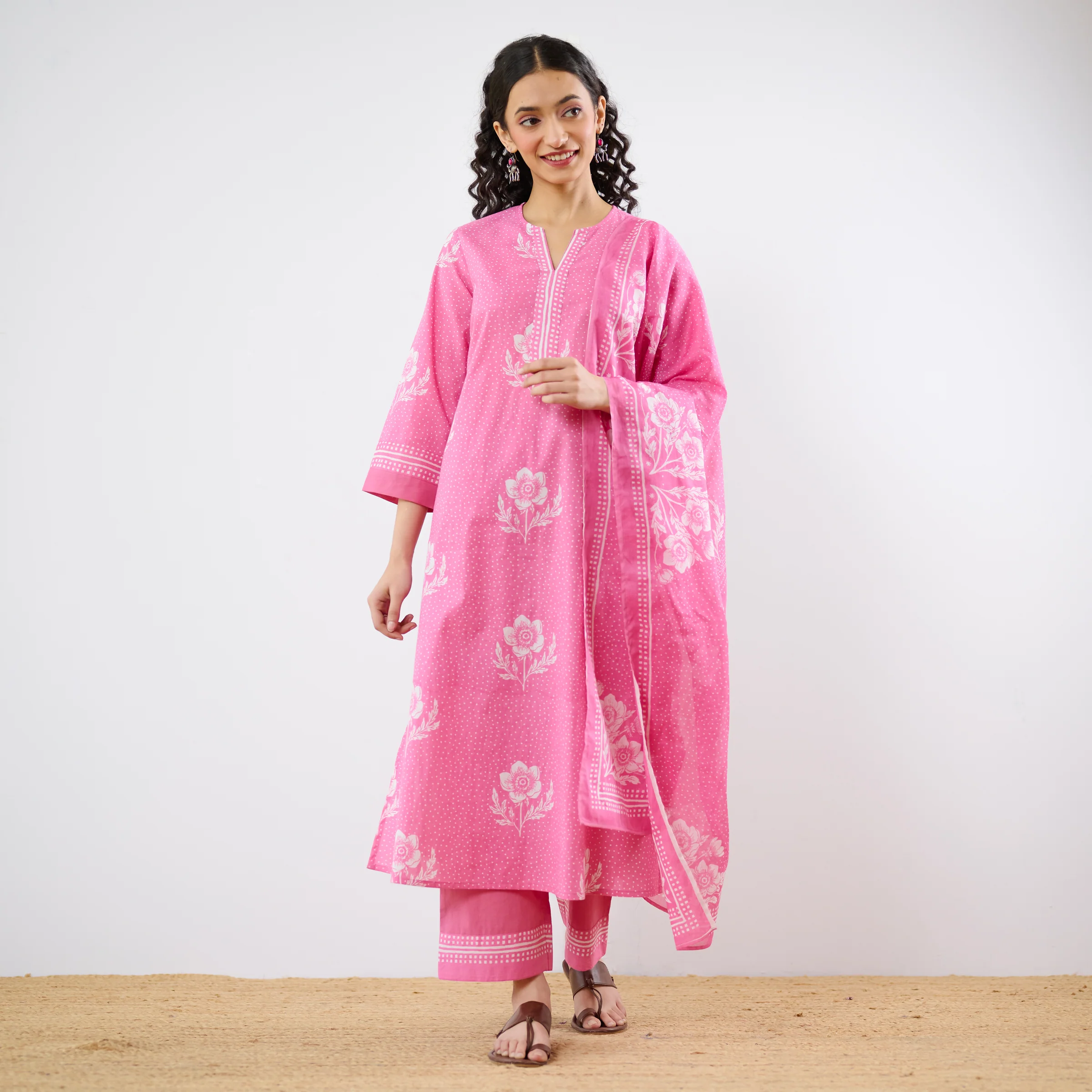 Dewdrop A-Line Cotton Kurta Trouser Set With Mulmul Dupatta - Candy Pink - Image 4