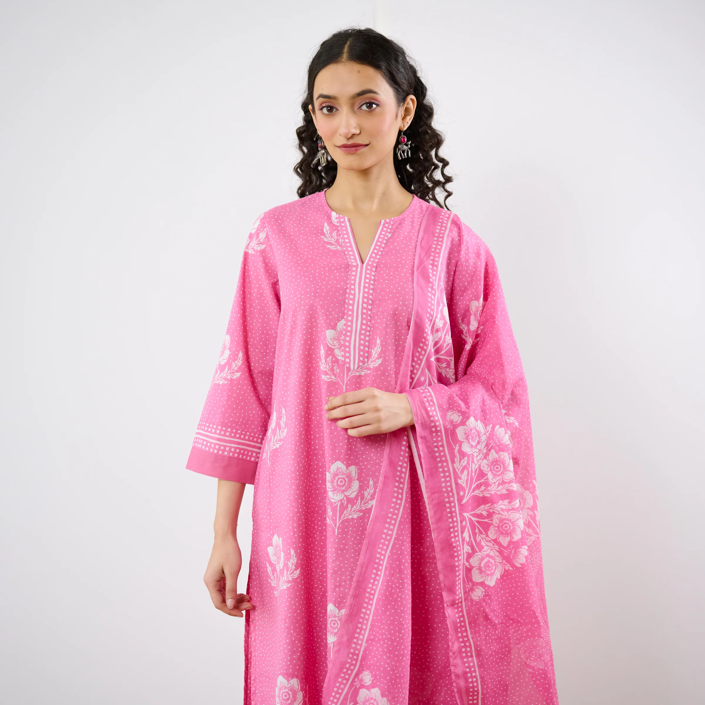 Dewdrop A-Line Cotton Kurta Trouser Set With Mulmul Dupatta - Candy Pink - Image 5
