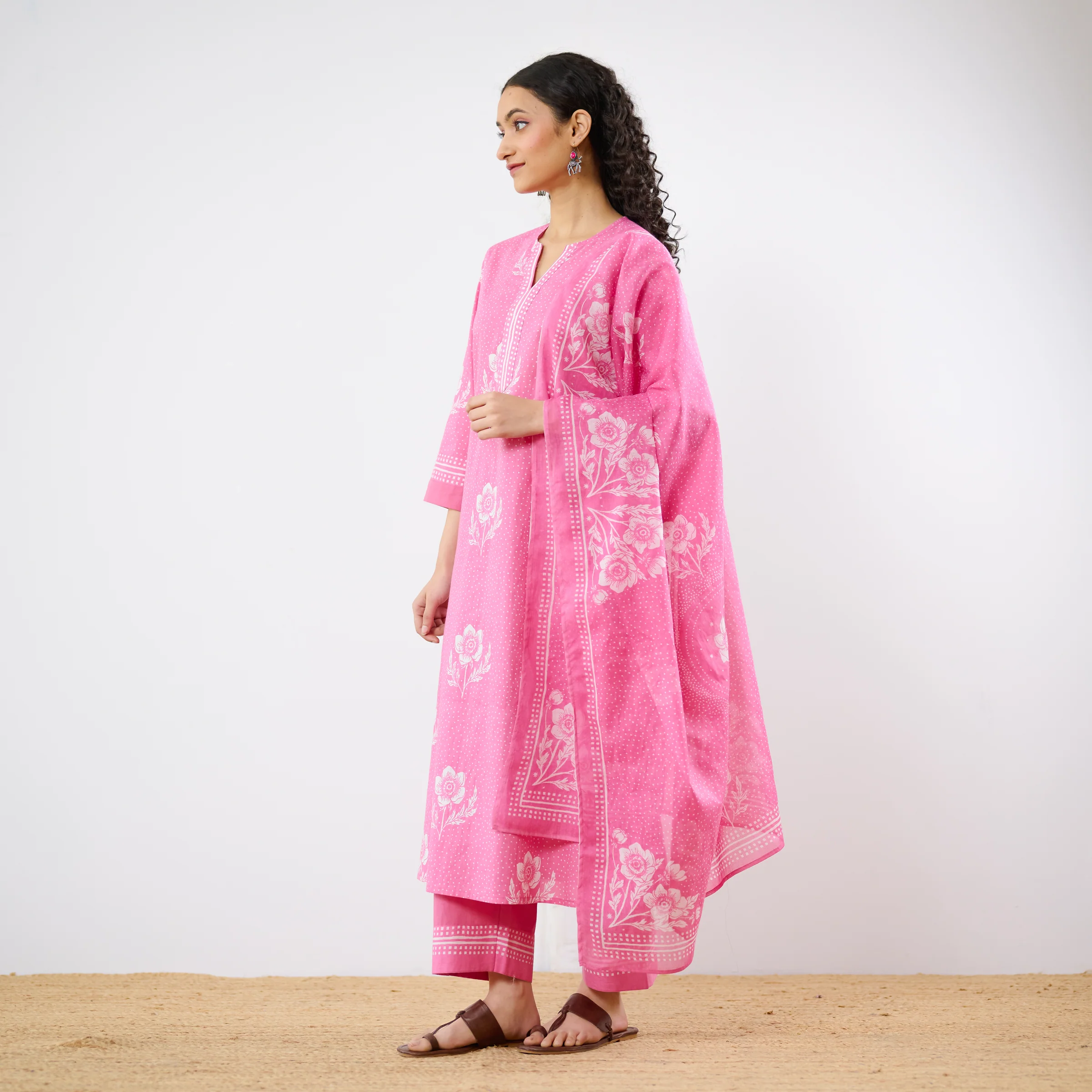 Dewdrop A-Line Cotton Kurta Trouser Set With Mulmul Dupatta - Candy Pink - Image 6
