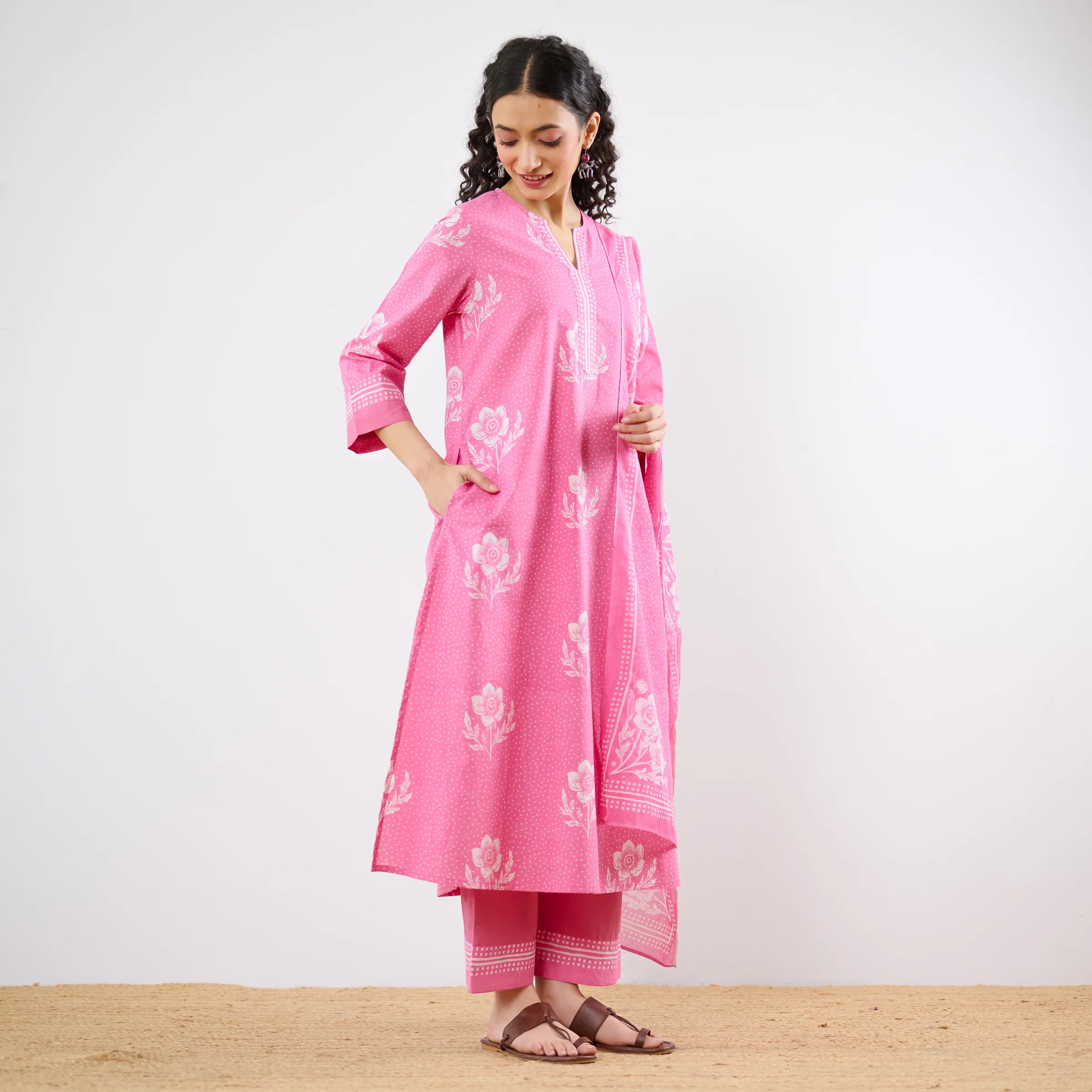 Dewdrop A-Line Cotton Kurta Trouser Set With Mulmul Dupatta - Candy Pink - Image 7