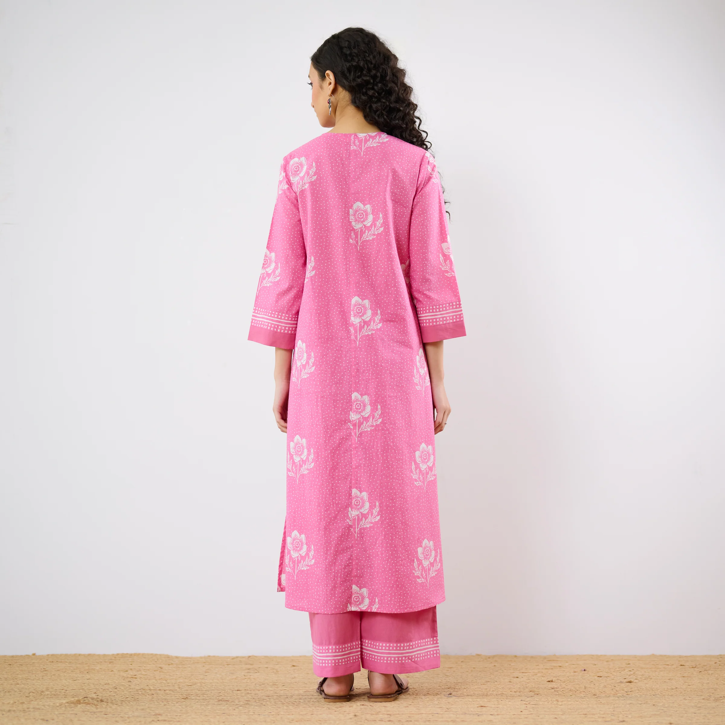 Dewdrop A-Line Cotton Kurta Trouser Set With Mulmul Dupatta - Candy Pink - Image 8