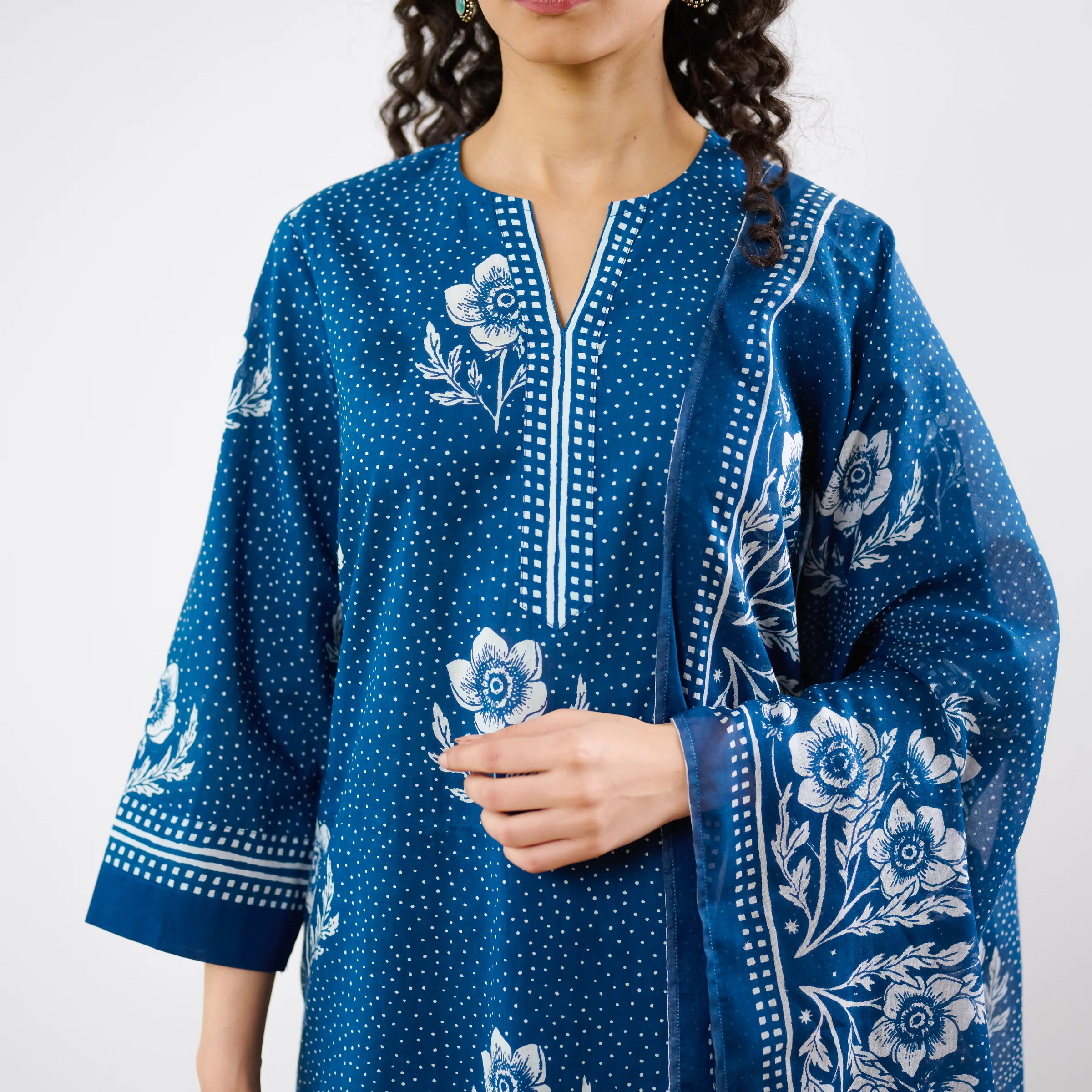 Dewdrop A-Line Cotton Kurta Trouser Set With Mulmul Dupatta - Indigo - Image 2