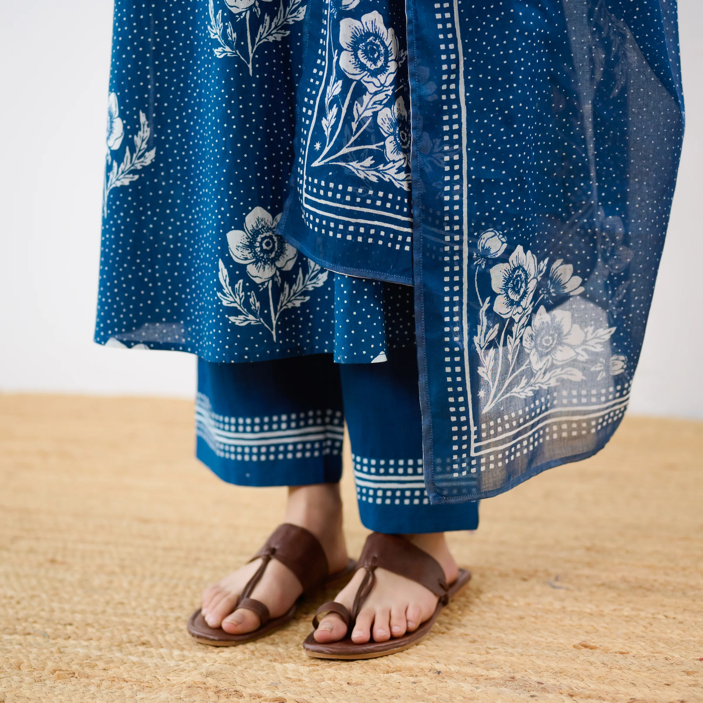 Dewdrop A-Line Cotton Kurta Trouser Set With Mulmul Dupatta - Indigo - Image 3