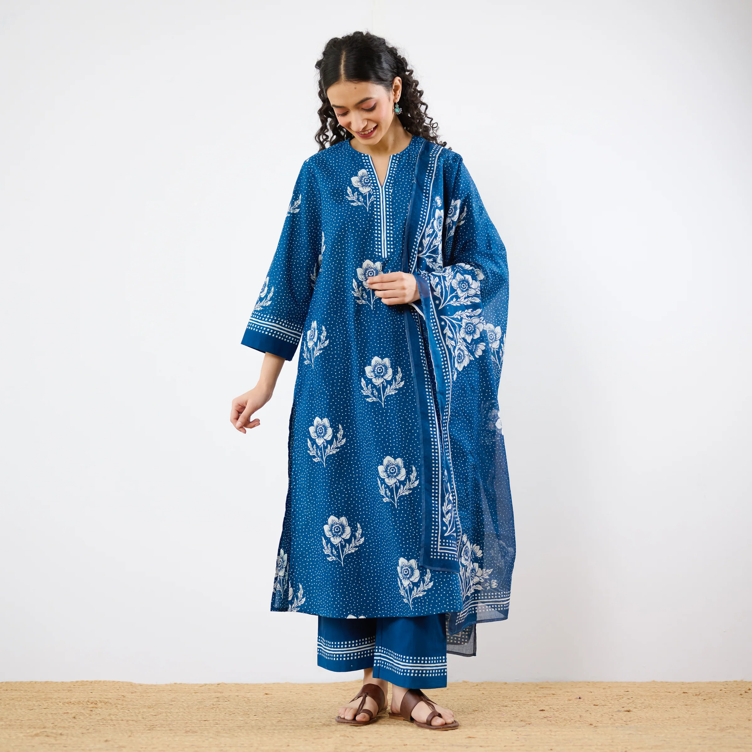 Dewdrop A-Line Cotton Kurta Trouser Set With Mulmul Dupatta - Indigo - Image 4