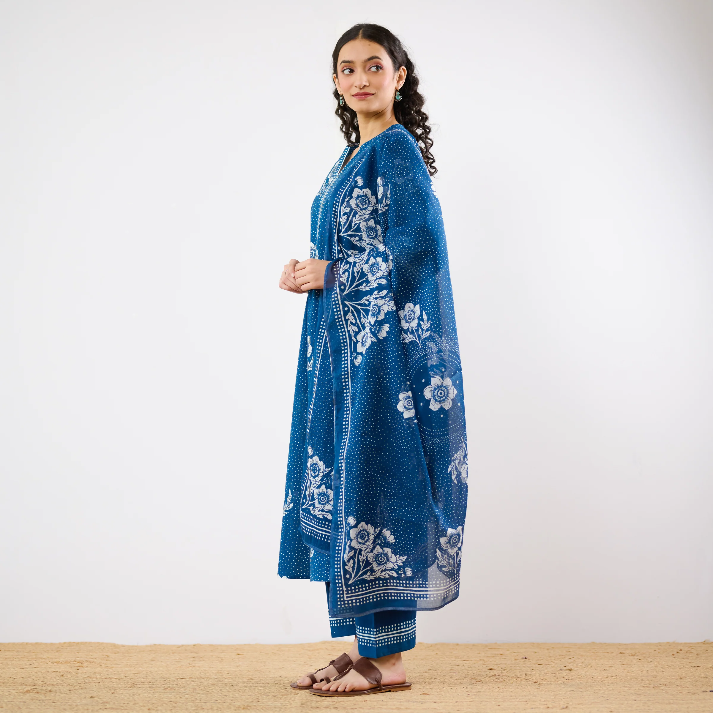 Dewdrop A-Line Cotton Kurta Trouser Set With Mulmul Dupatta - Indigo - Image 5
