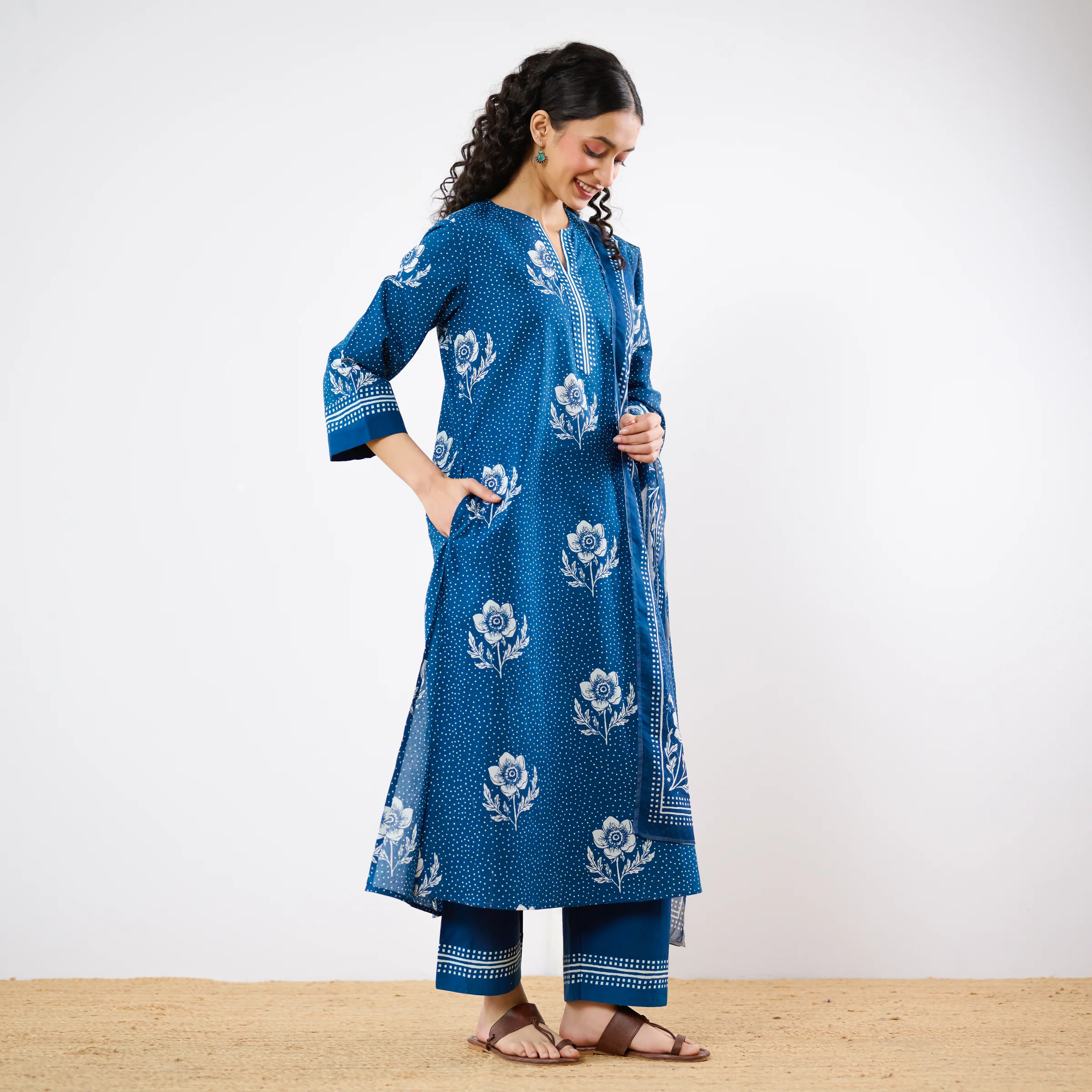 Dewdrop A-Line Cotton Kurta Trouser Set With Mulmul Dupatta - Indigo - Image 6