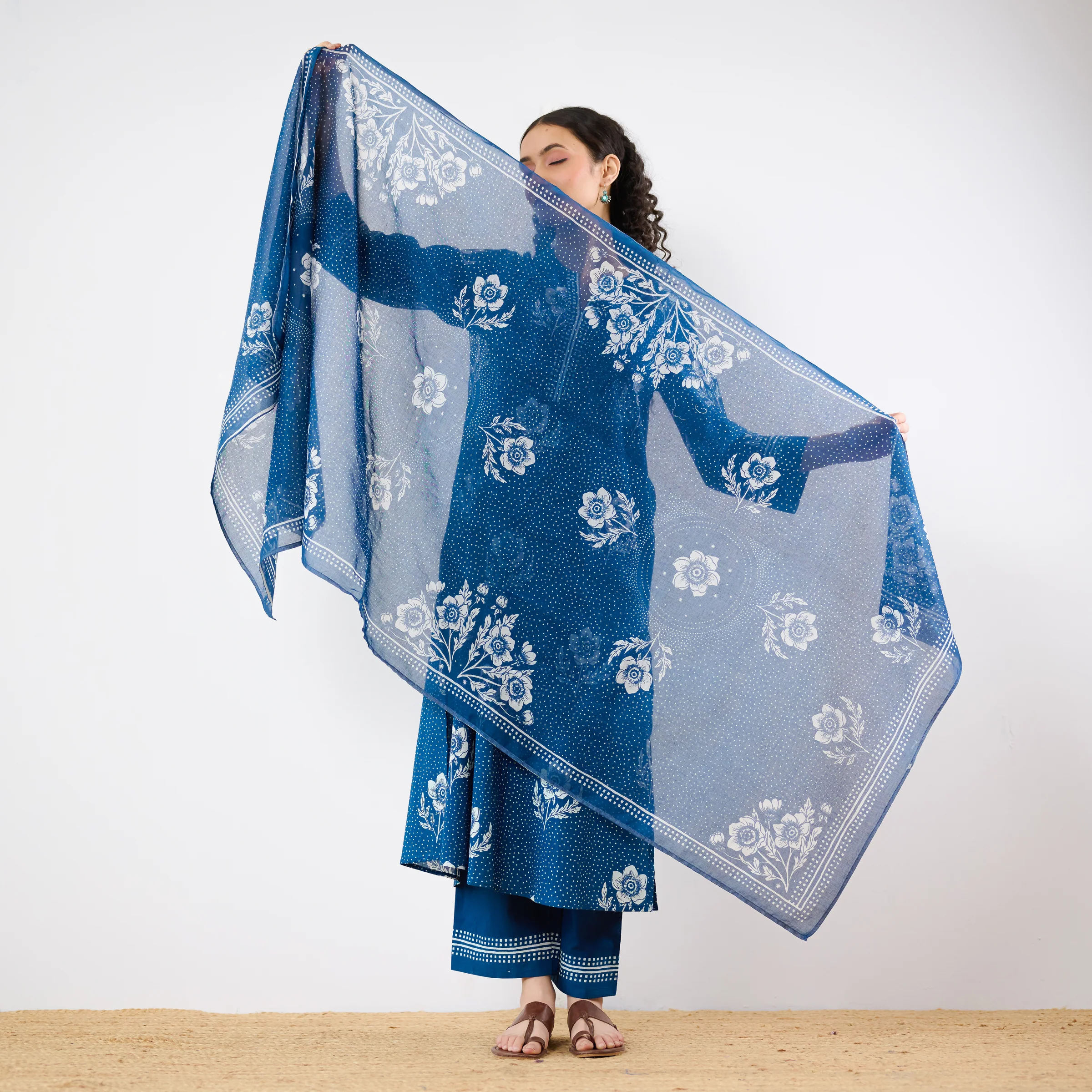 Dewdrop A-Line Cotton Kurta Trouser Set With Mulmul Dupatta - Indigo - Image 7