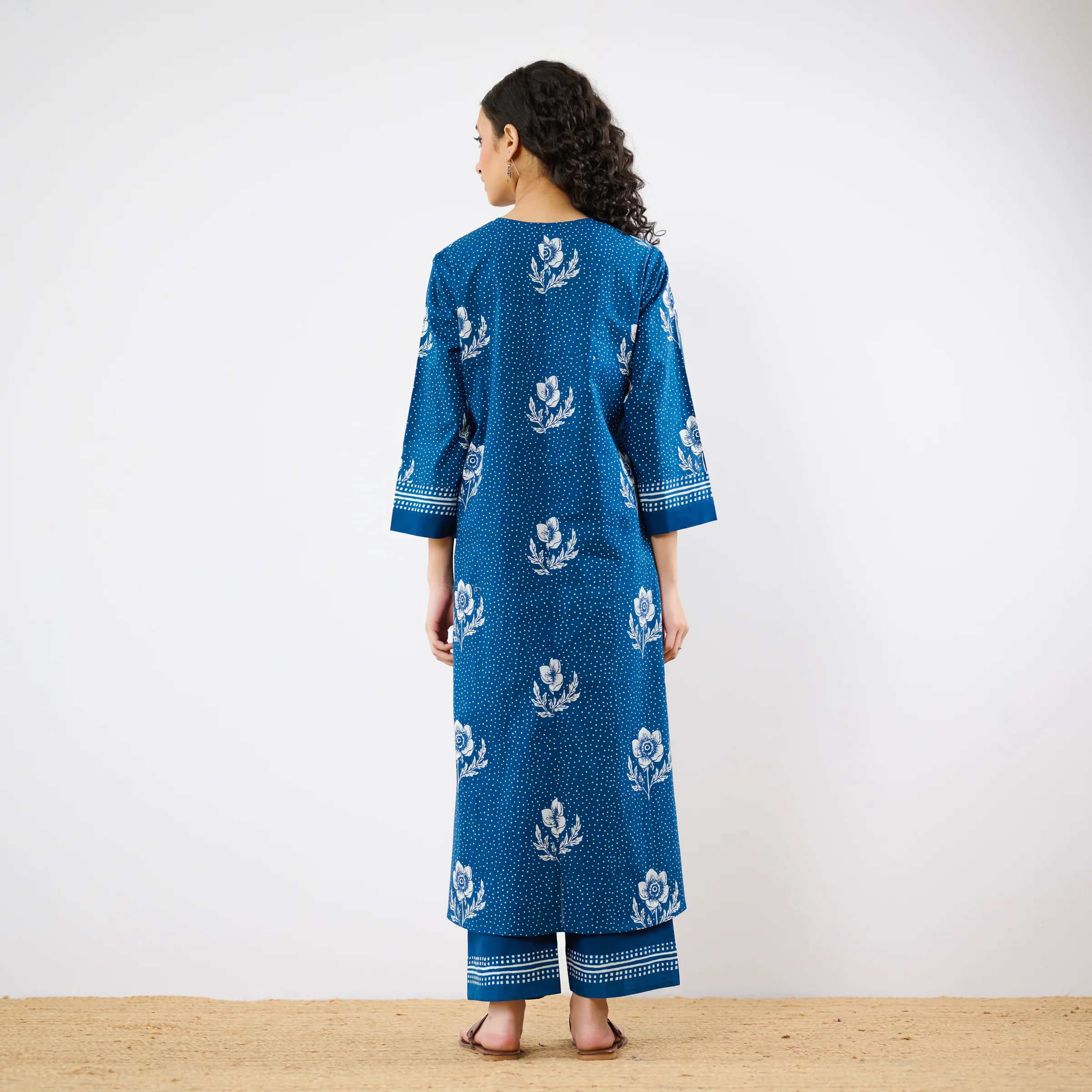 Dewdrop A-Line Cotton Kurta Trouser Set With Mulmul Dupatta - Indigo - Image 8