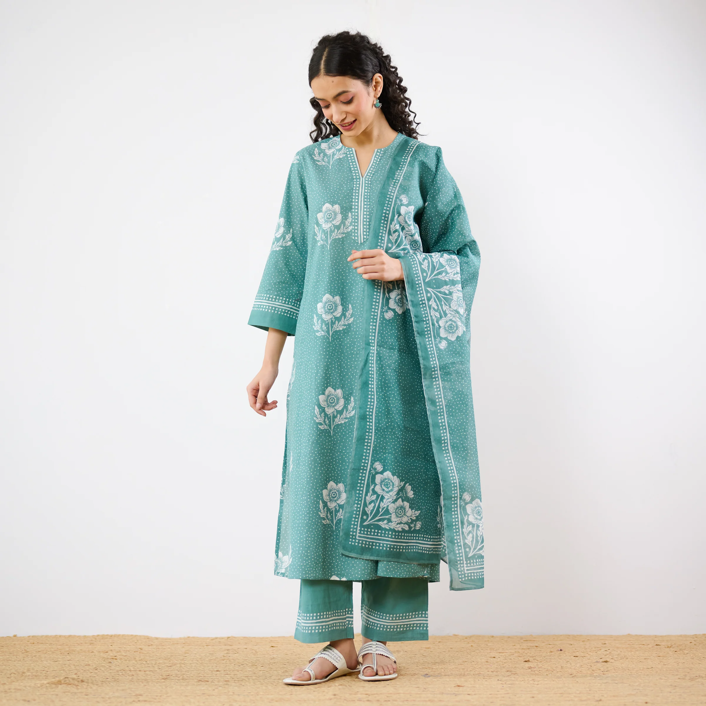 Dewdrop A-Line Cotton Kurta Trouser Set With Mulmul Dupatta - Sage Green - Image 2