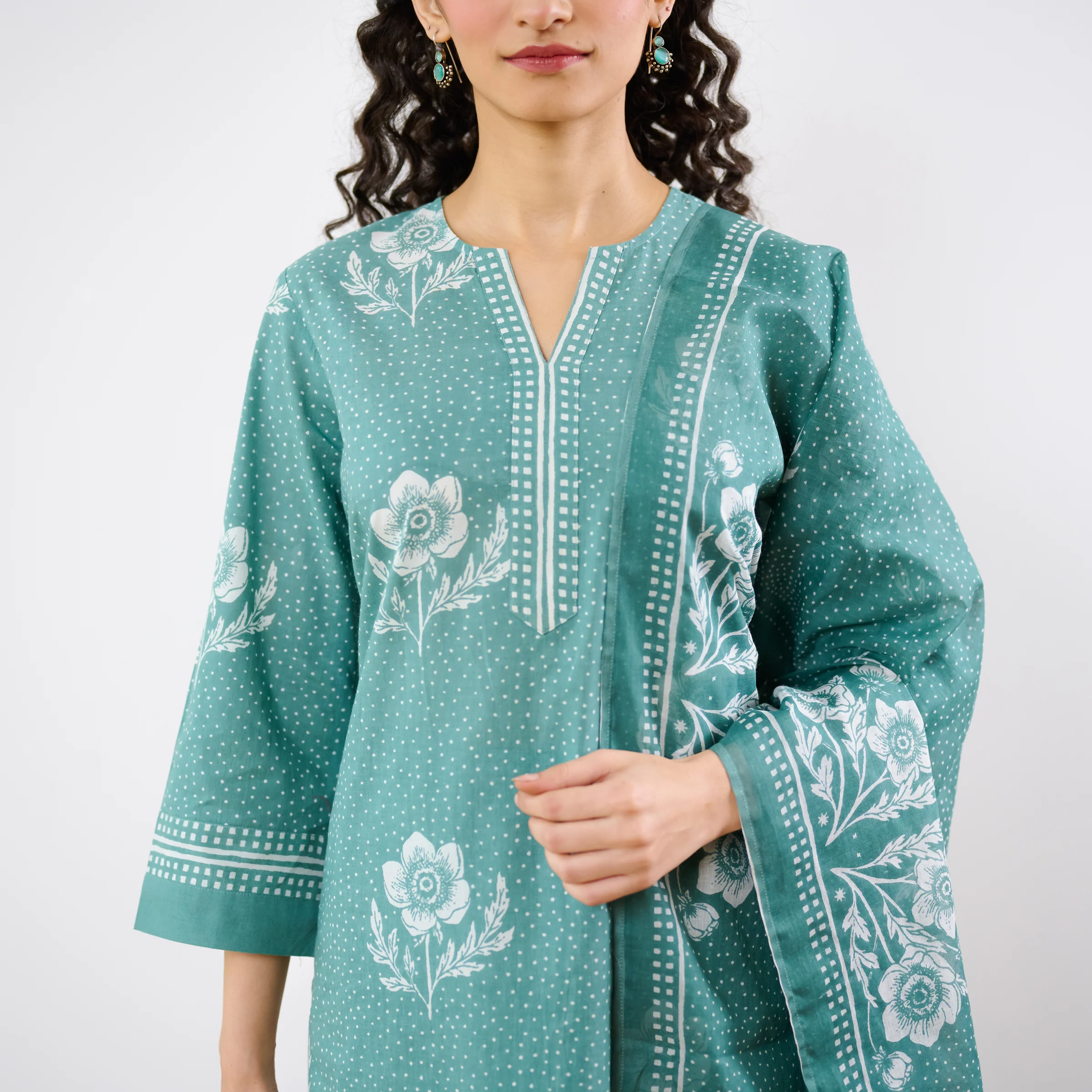 Dewdrop A-Line Cotton Kurta Trouser Set With Mulmul Dupatta - Sage Green - Image 3