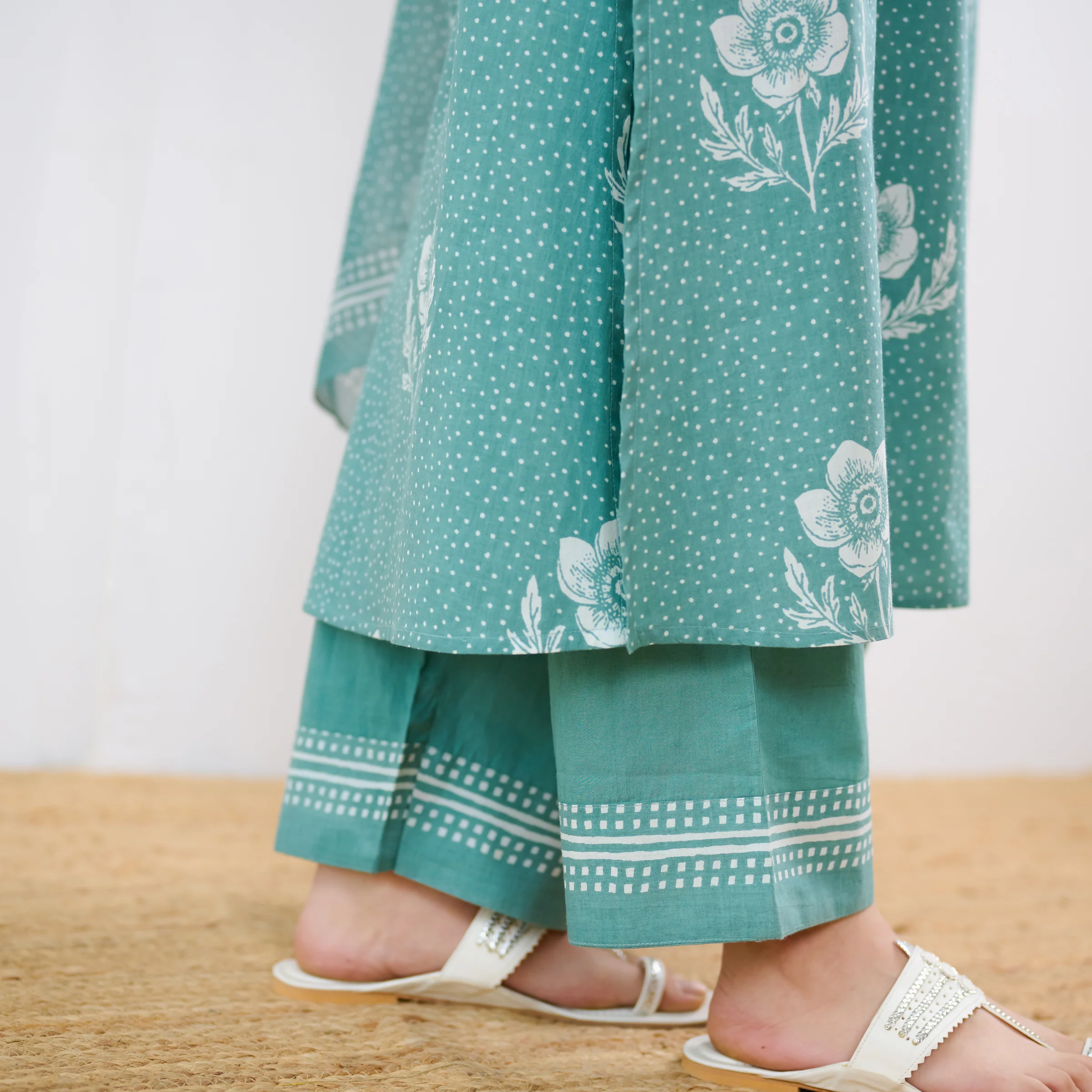 Dewdrop A-Line Cotton Kurta Trouser Set With Mulmul Dupatta - Sage Green - Image 4