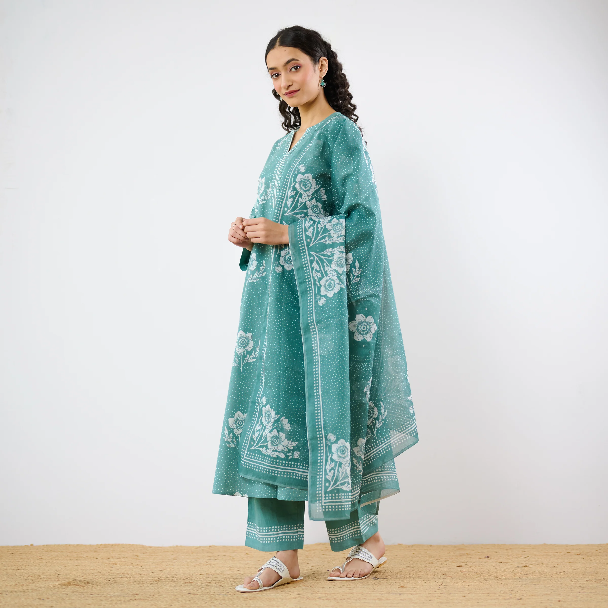 Dewdrop A-Line Cotton Kurta Trouser Set With Mulmul Dupatta - Sage Green - Image 5