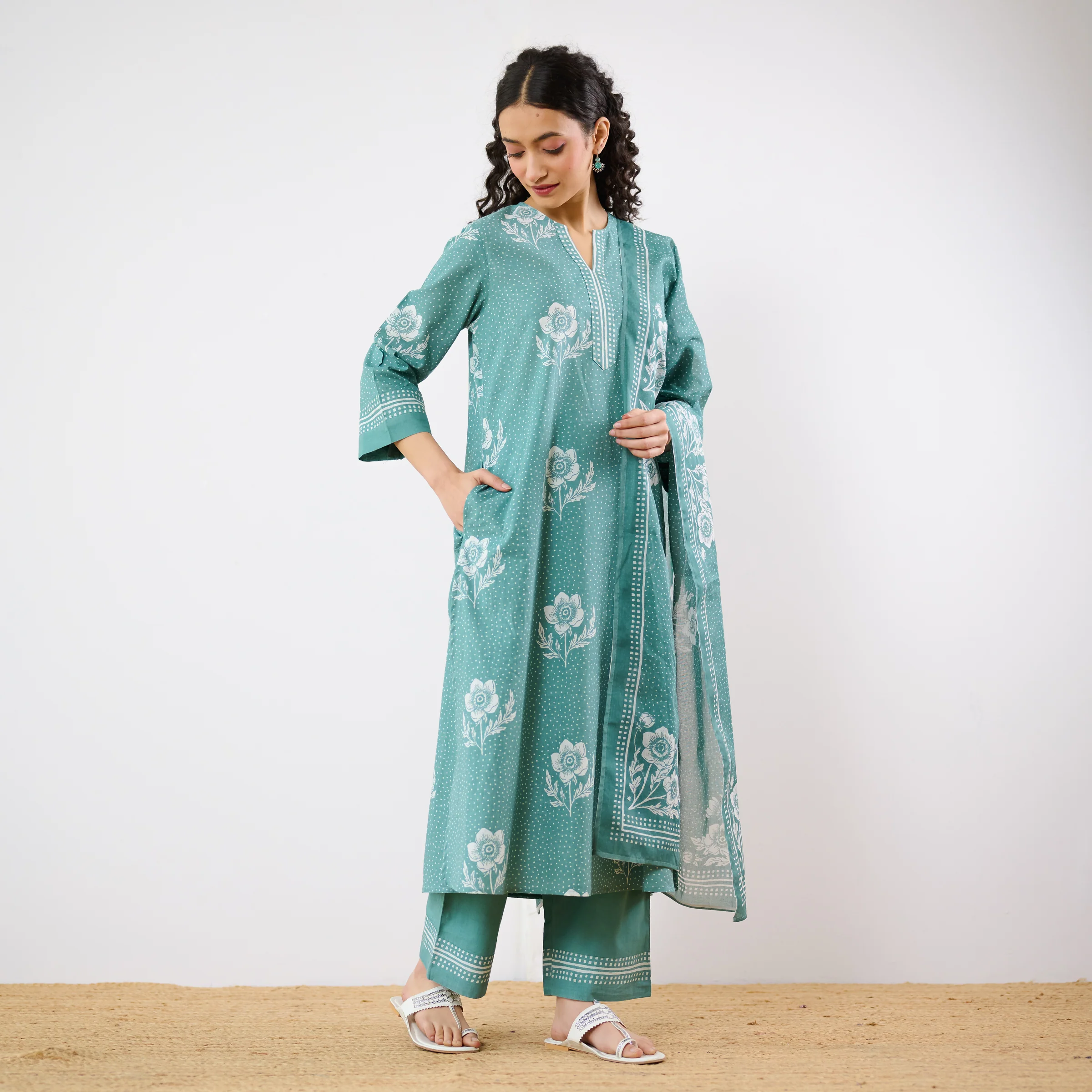 Dewdrop A-Line Cotton Kurta Trouser Set With Mulmul Dupatta - Sage Green - Image 6