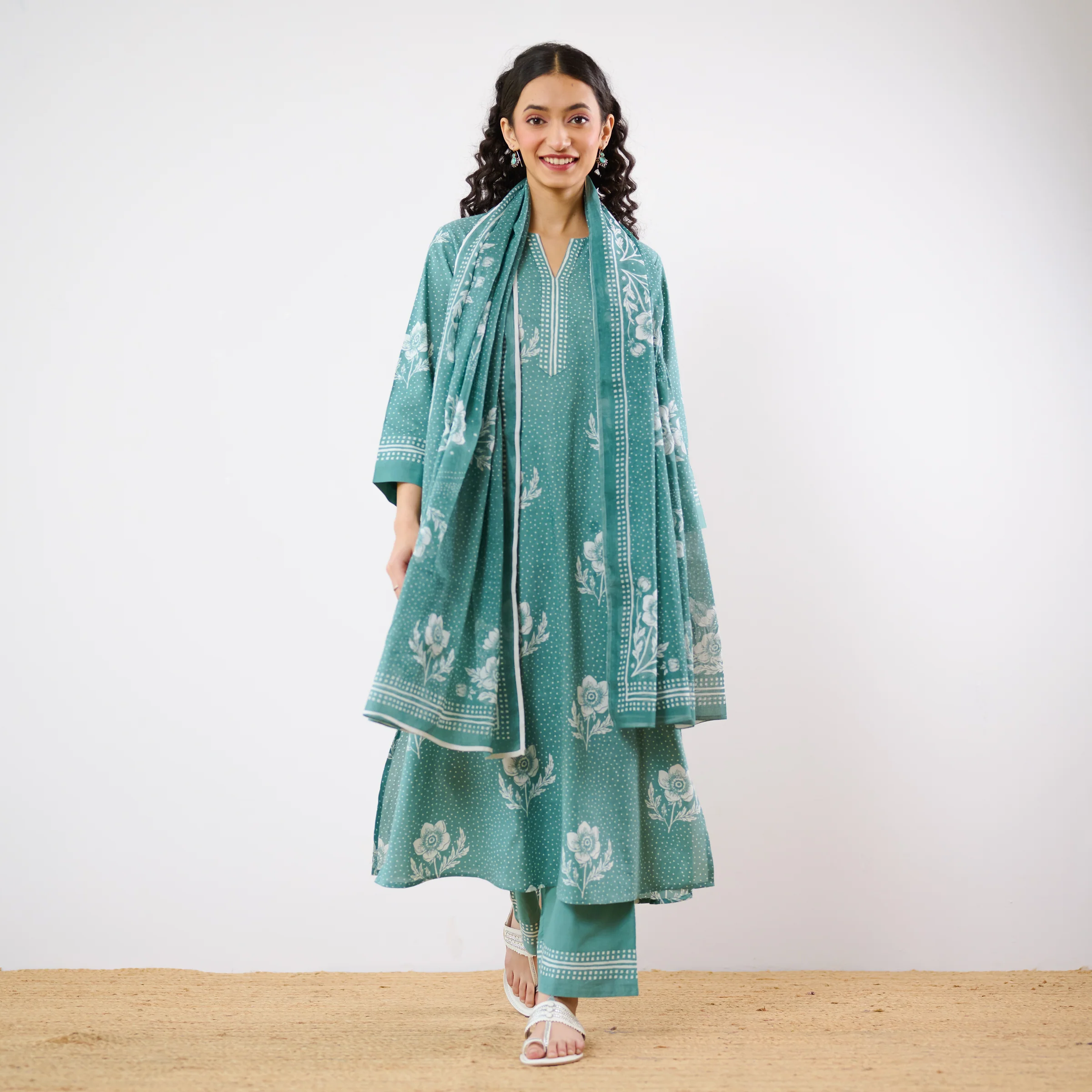 Dewdrop A-Line Cotton Kurta Trouser Set With Mulmul Dupatta - Sage Green - Image 7