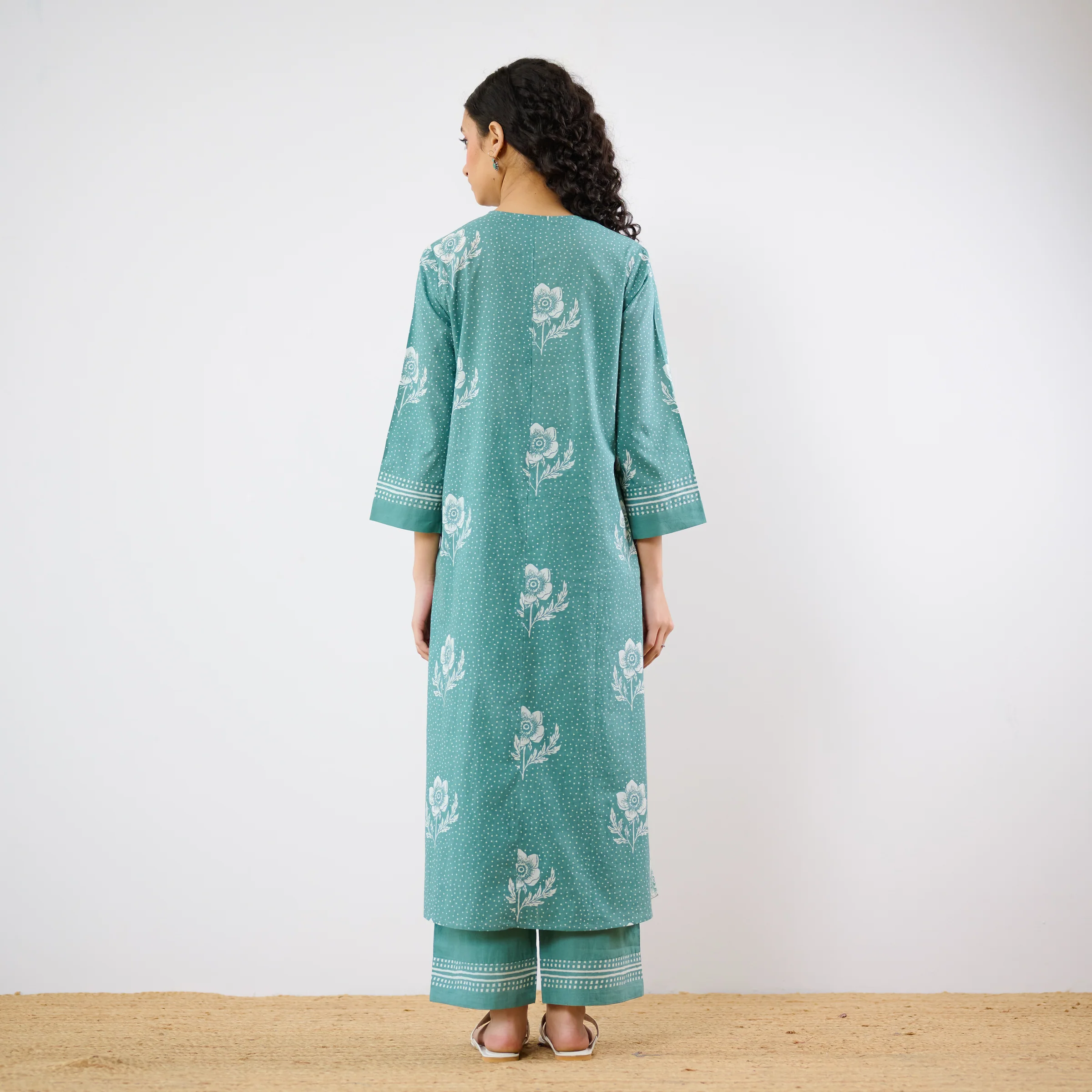 Dewdrop A-Line Cotton Kurta Trouser Set With Mulmul Dupatta - Sage Green - Image 8