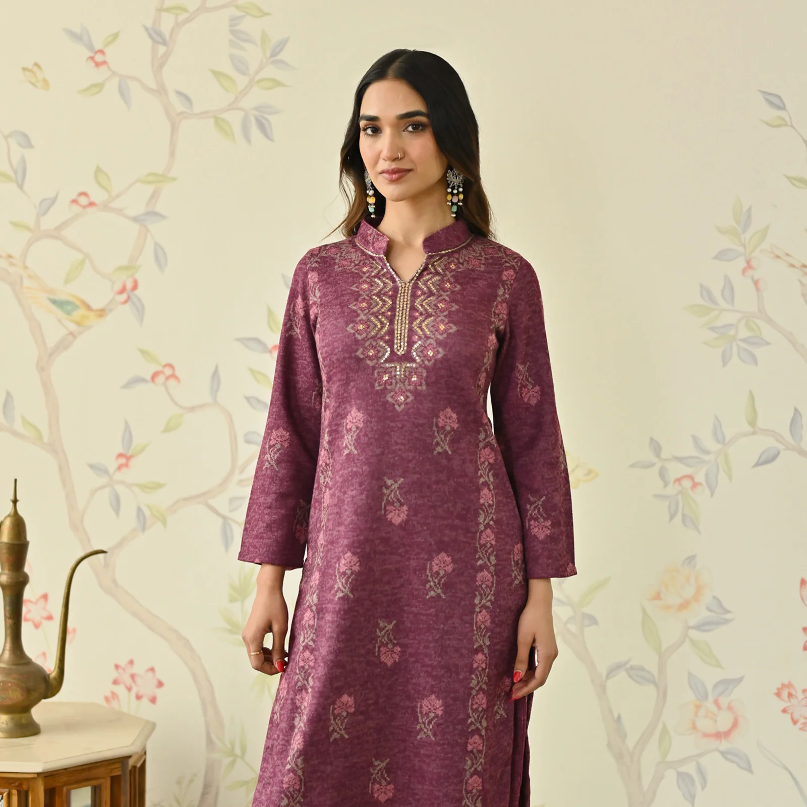 Dusty Pink Embroidered Woollen Kurta Pant Set - Image 3