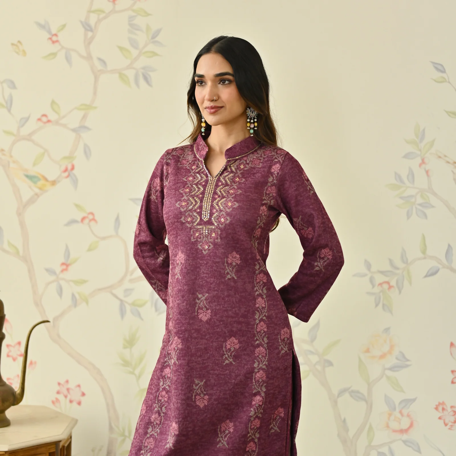 Dusty Pink Embroidered Woollen Kurta Pant Set - Image 4