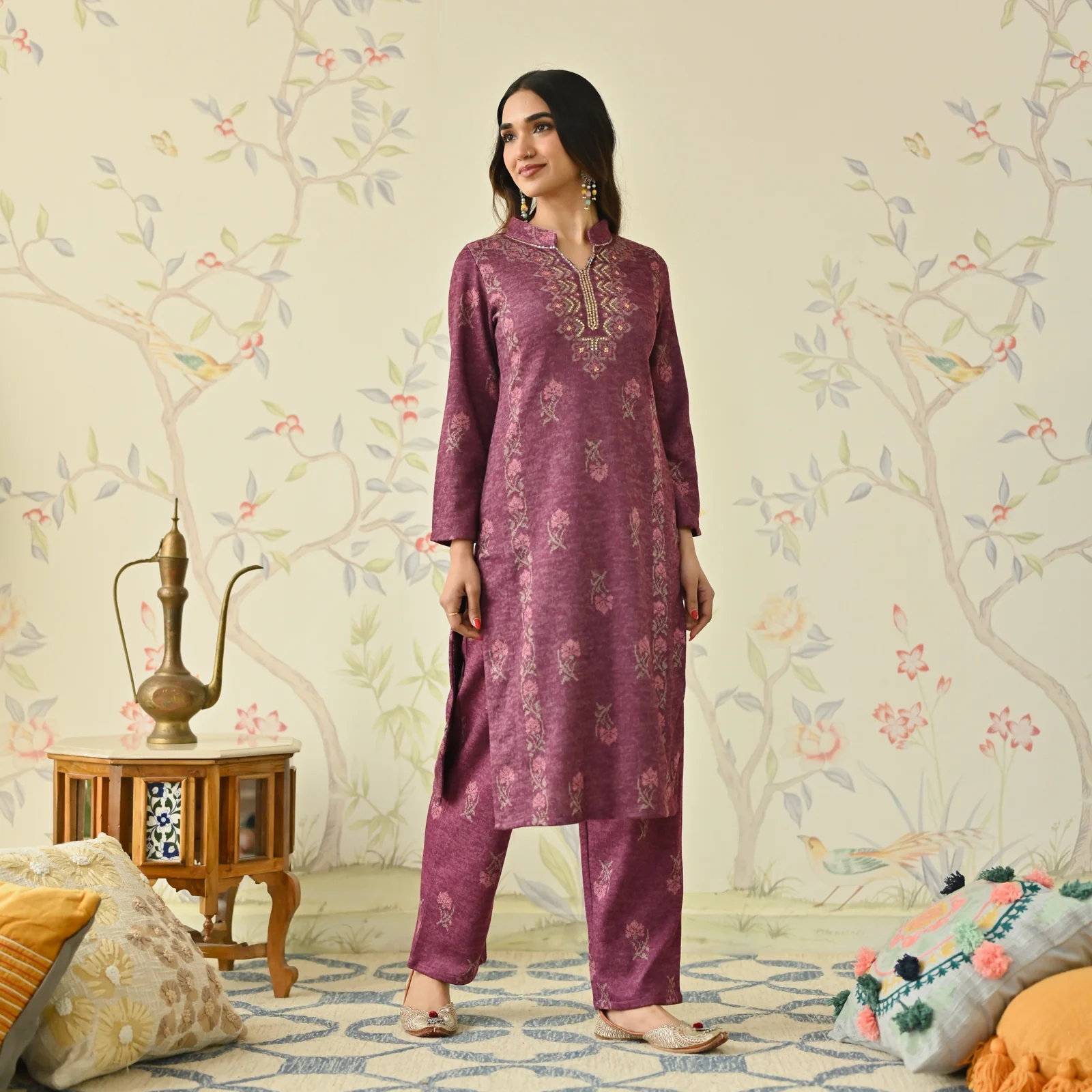 Dusty Pink Embroidered Woollen Kurta Pant Set - Image 5