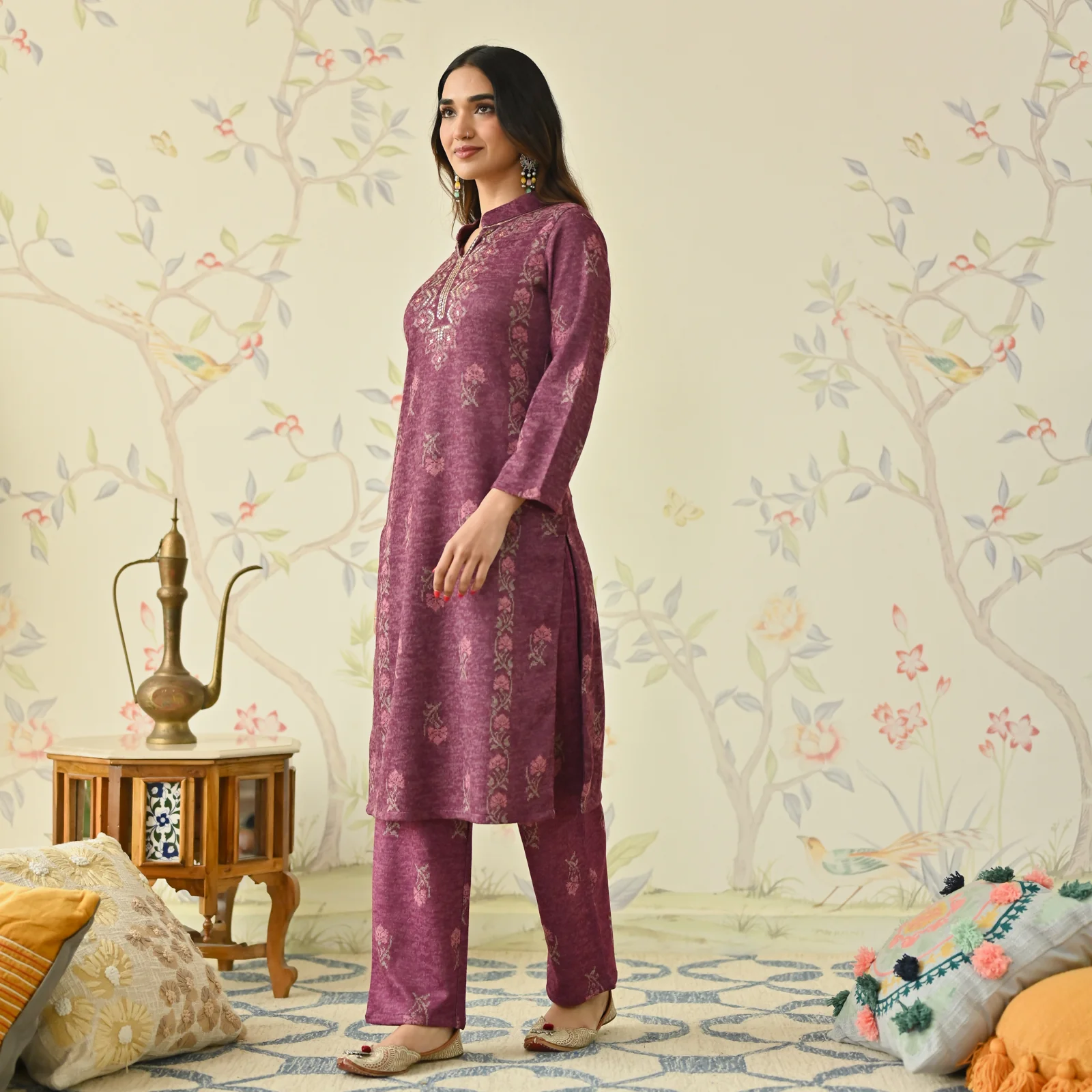 Dusty Pink Embroidered Woollen Kurta Pant Set - Image 6