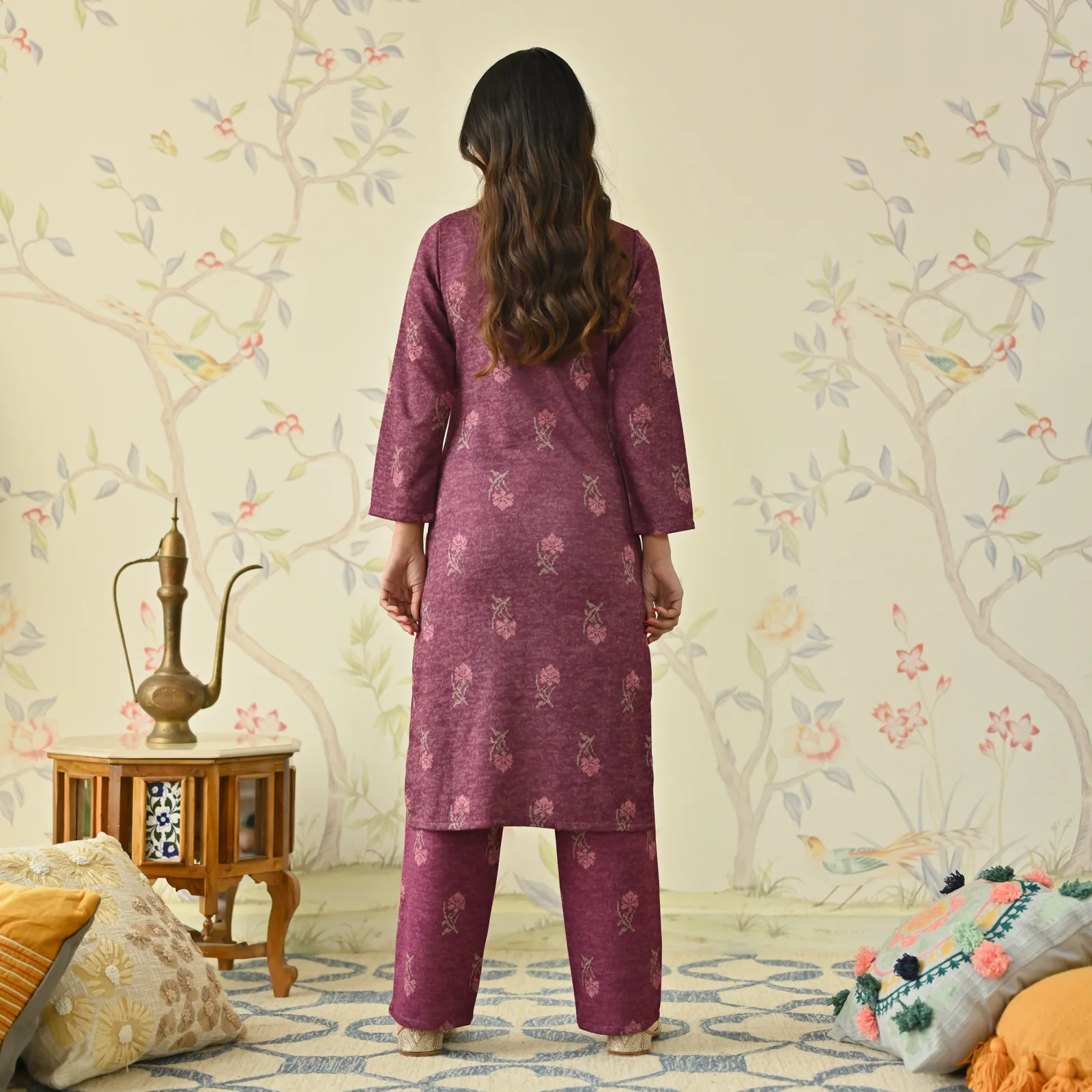 Dusty Pink Embroidered Woollen Kurta Pant Set - Image 7