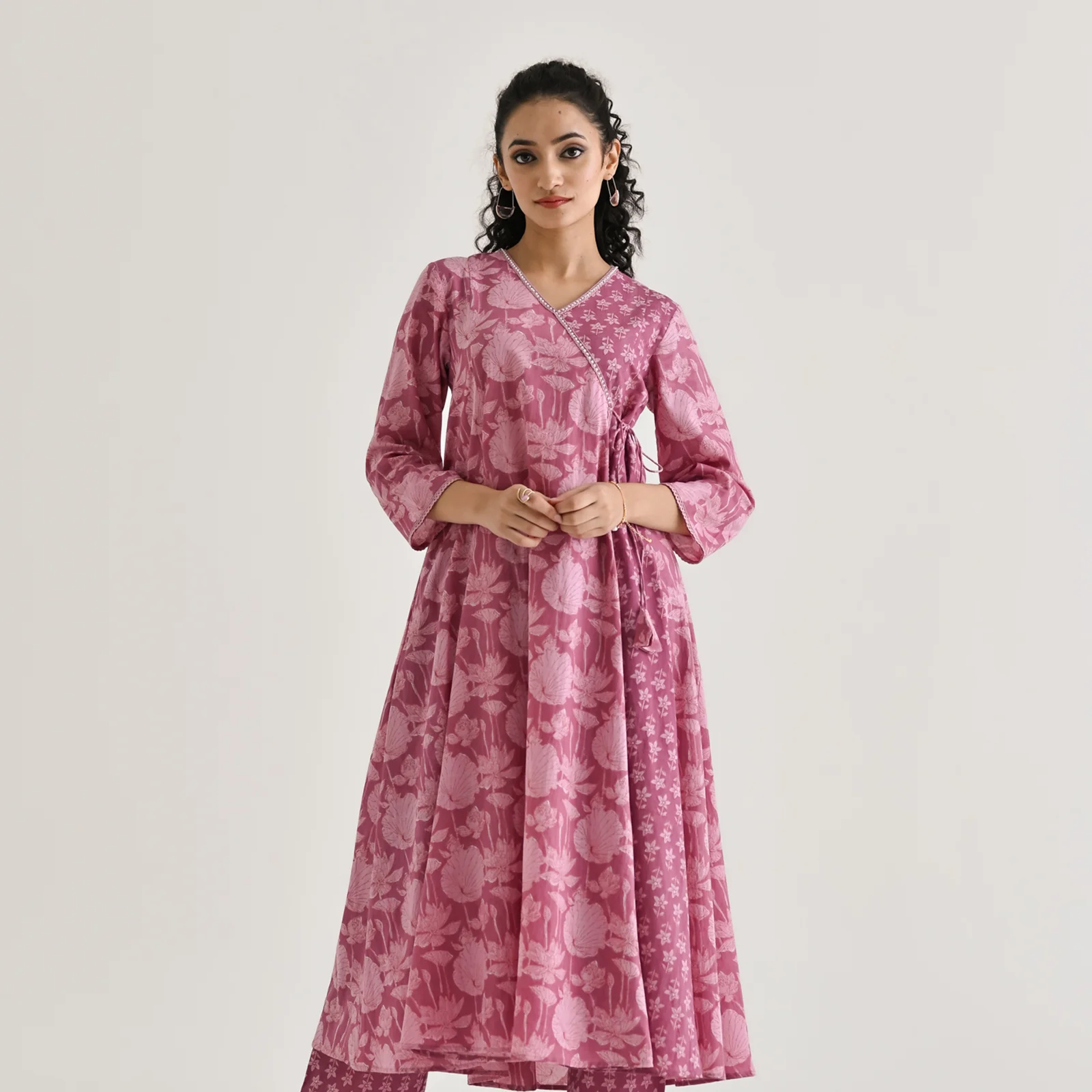 Dusty Pink Floral Angarakha Cotton Kurta with Embroidered Neckline - Image 3