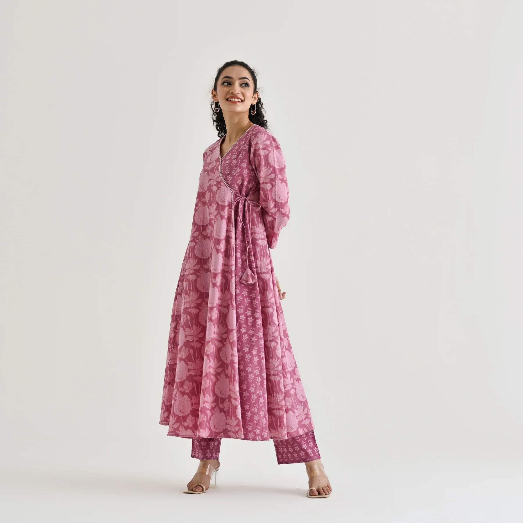 Dusty Pink Floral Angarakha Cotton Kurta with Embroidered Neckline - Image 4